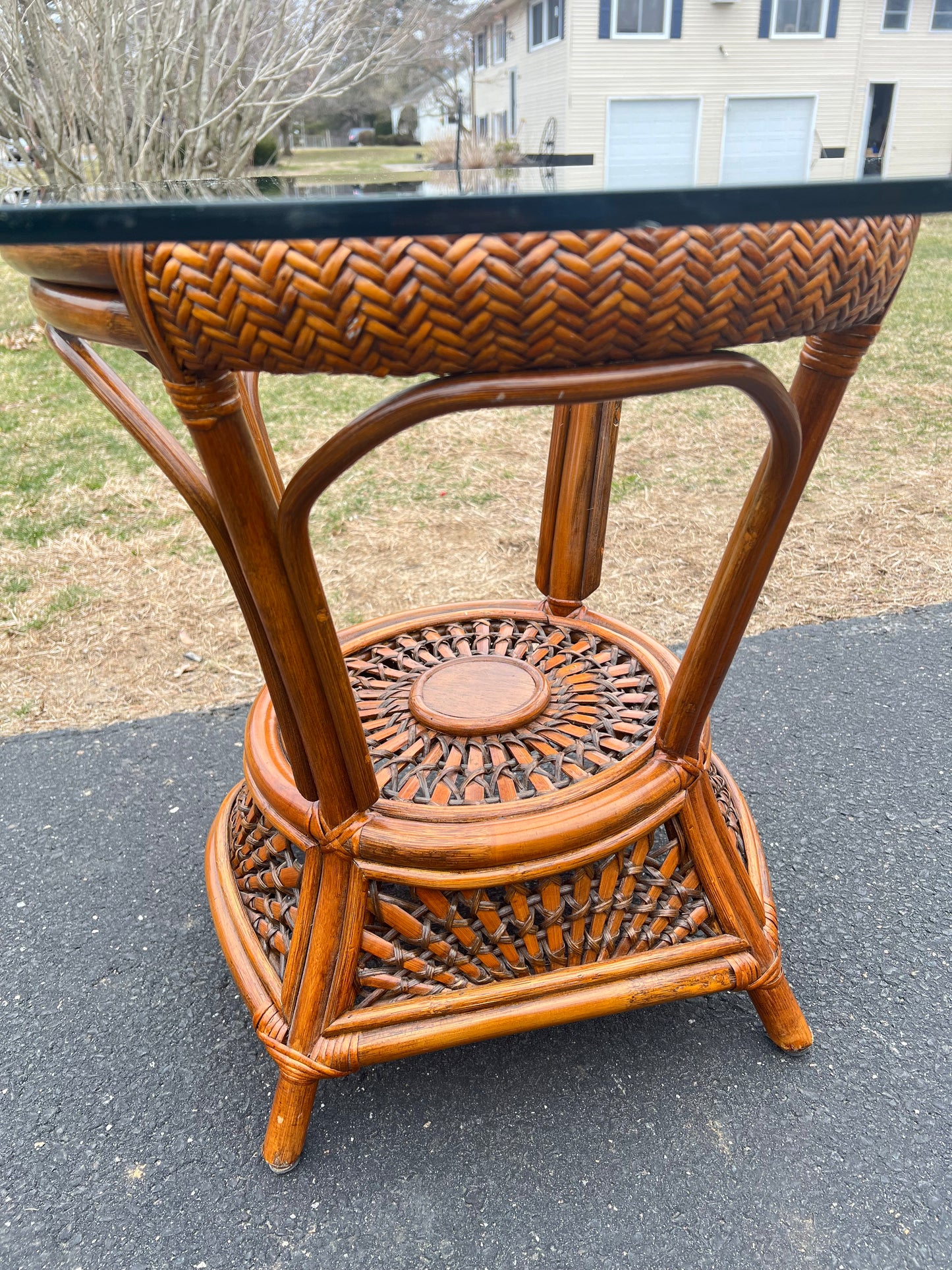 Vintage Rattan Glass Top End Table