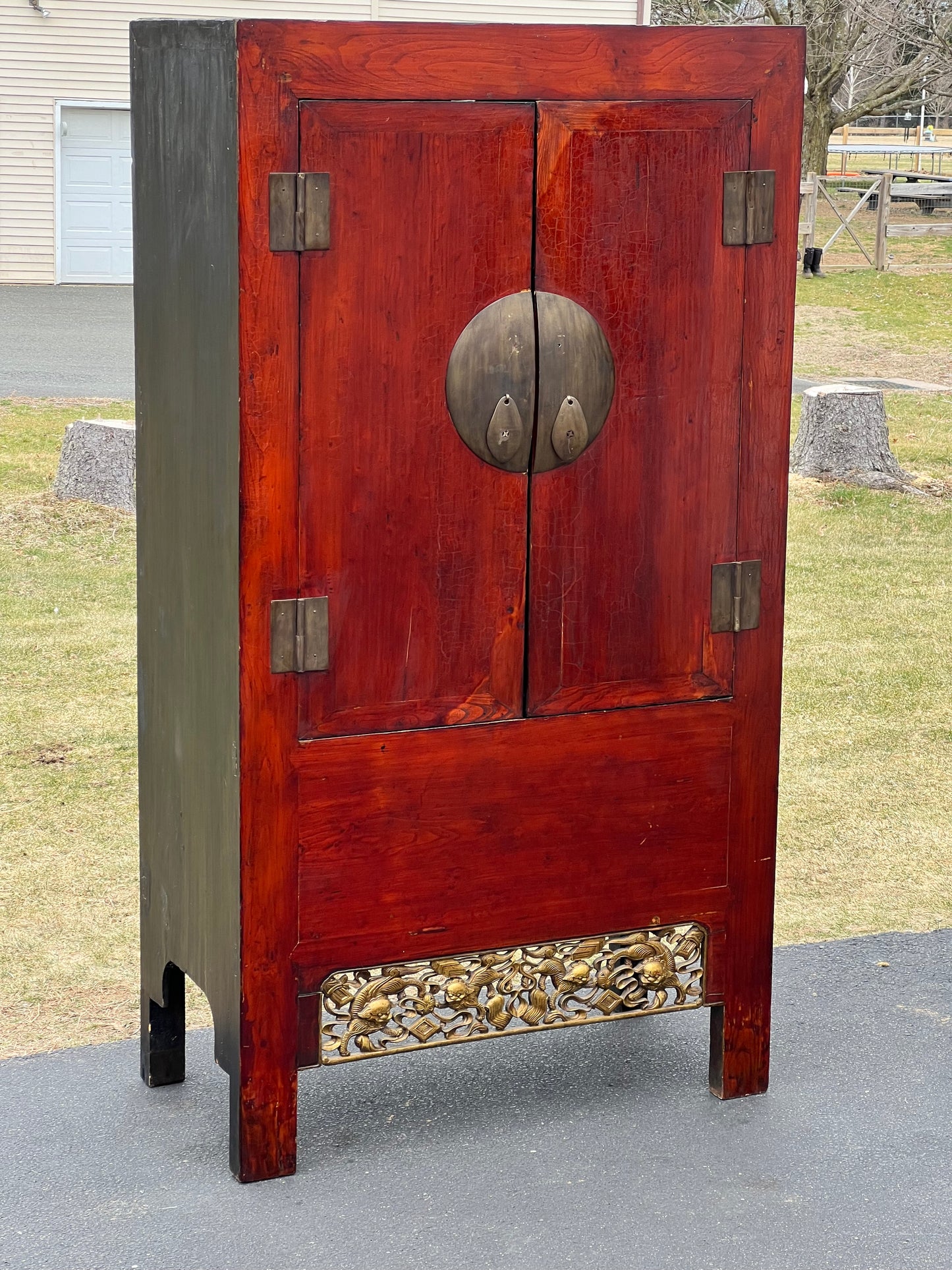 Large Vintage Chinese Cabinet with Foo Dog Carvings