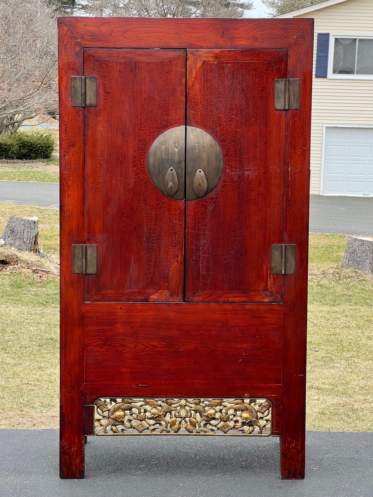 Large Vintage Chinese Cabinet with Foo Dog Carvings