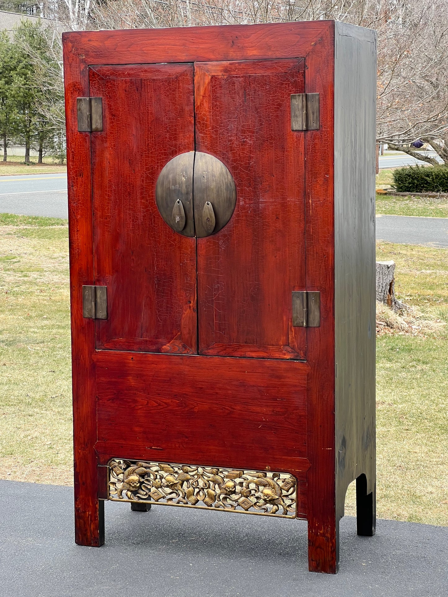 Large Vintage Chinese Cabinet with Foo Dog Carvings