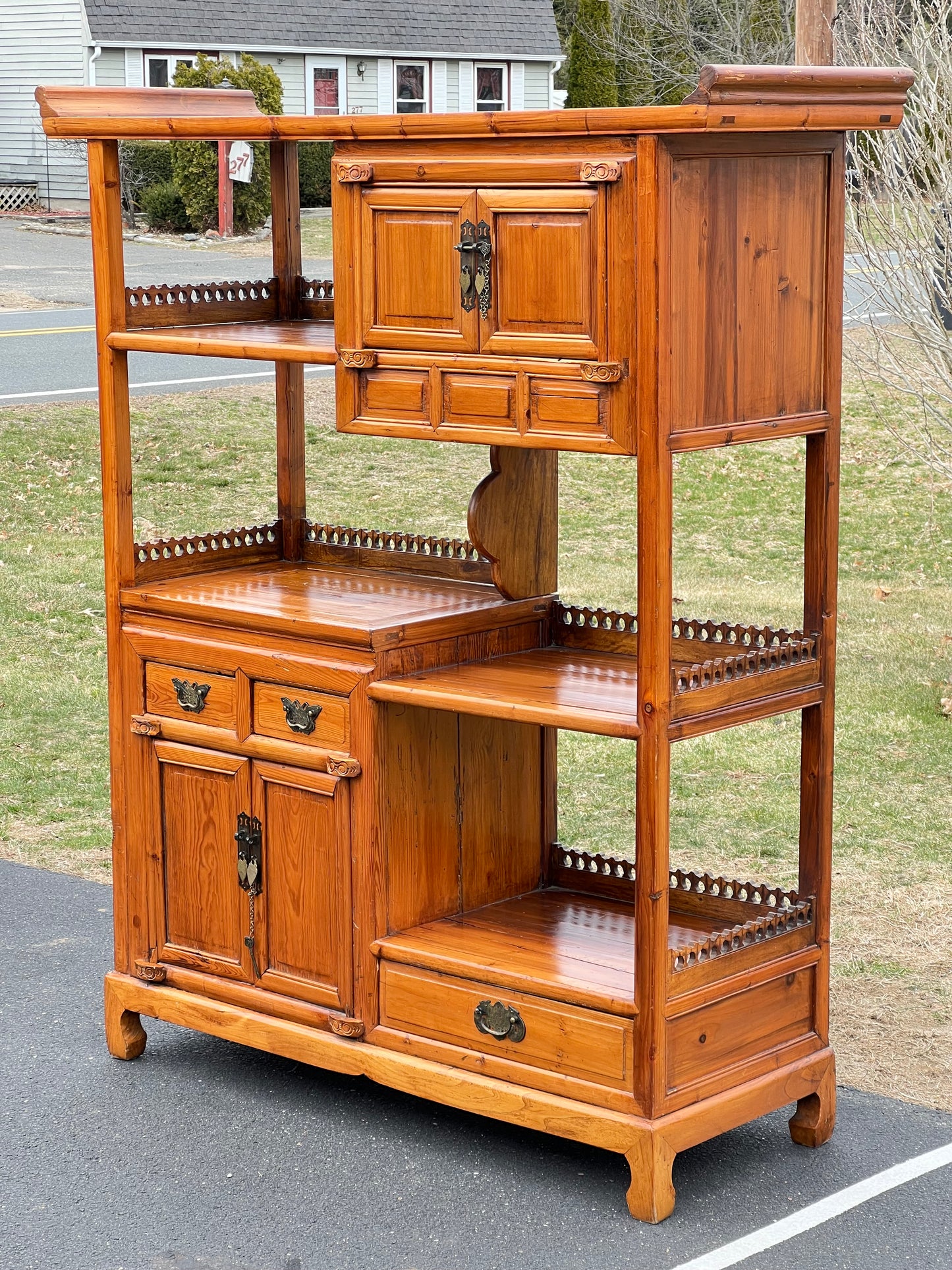 Vintage Asian Pine Etagere Display Cabinet