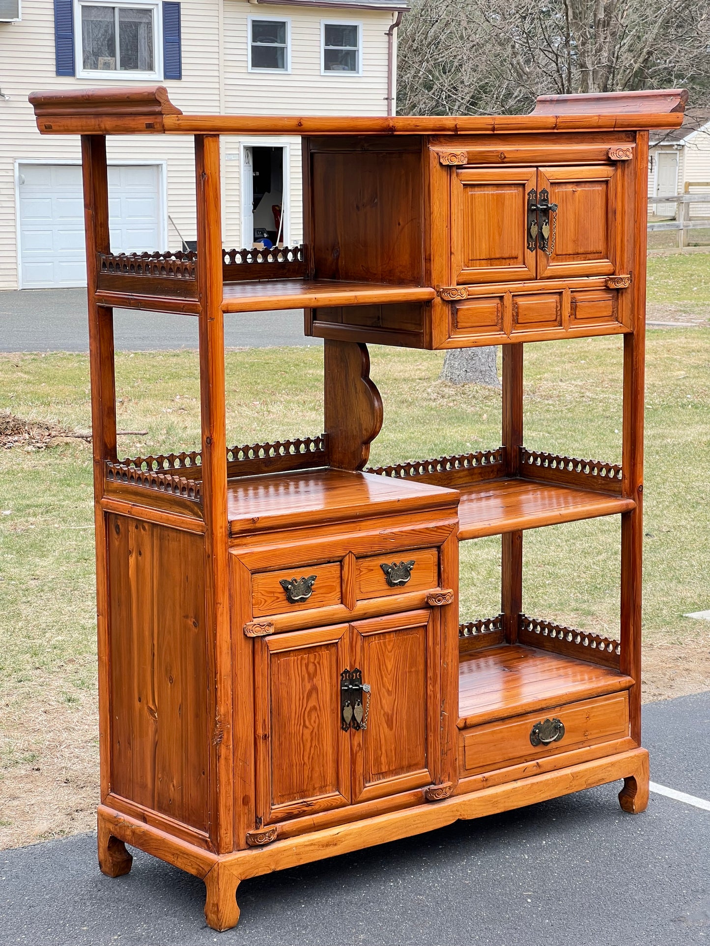 Vintage Asian Pine Etagere Display Cabinet