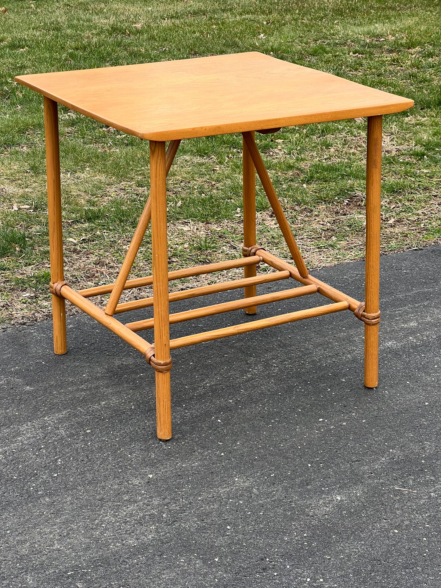 Mid-Century Modern Birch and Rattan Accessory Table by Heywood Wakefield