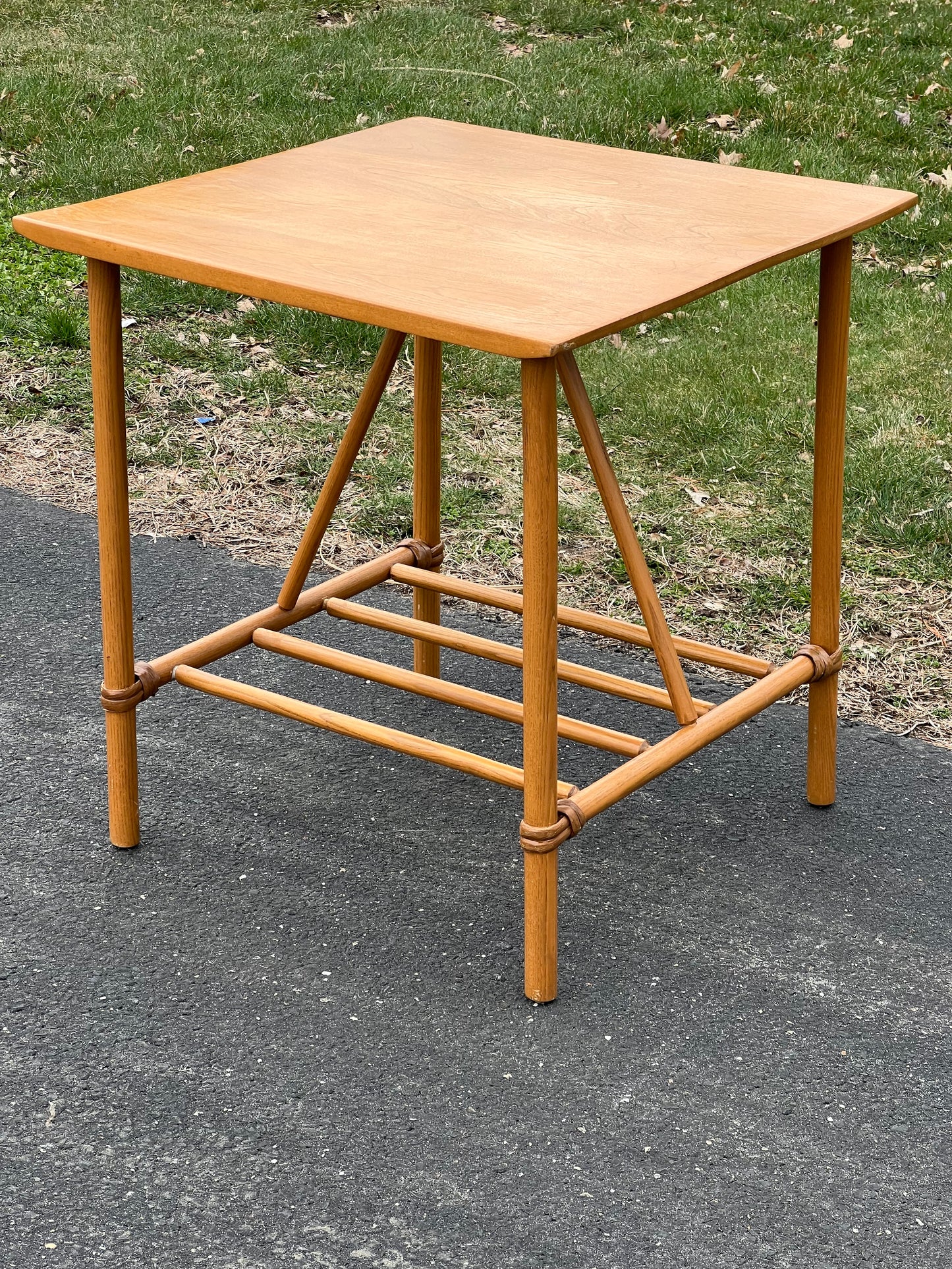 Mid-Century Modern Birch and Rattan Accessory Table by Heywood Wakefield