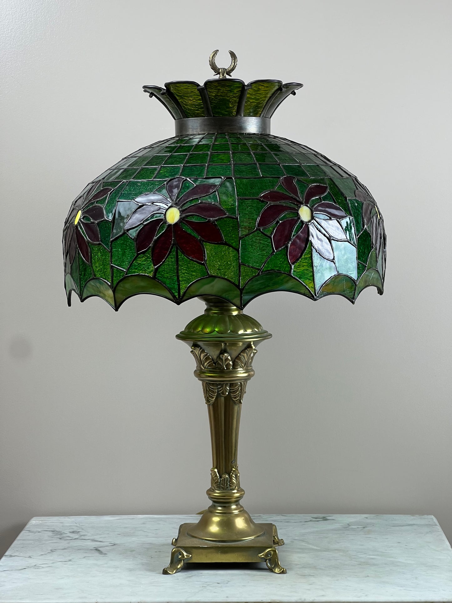 Studio Made Tiffany Style Green Leaded Glass Lamp with Brass Base