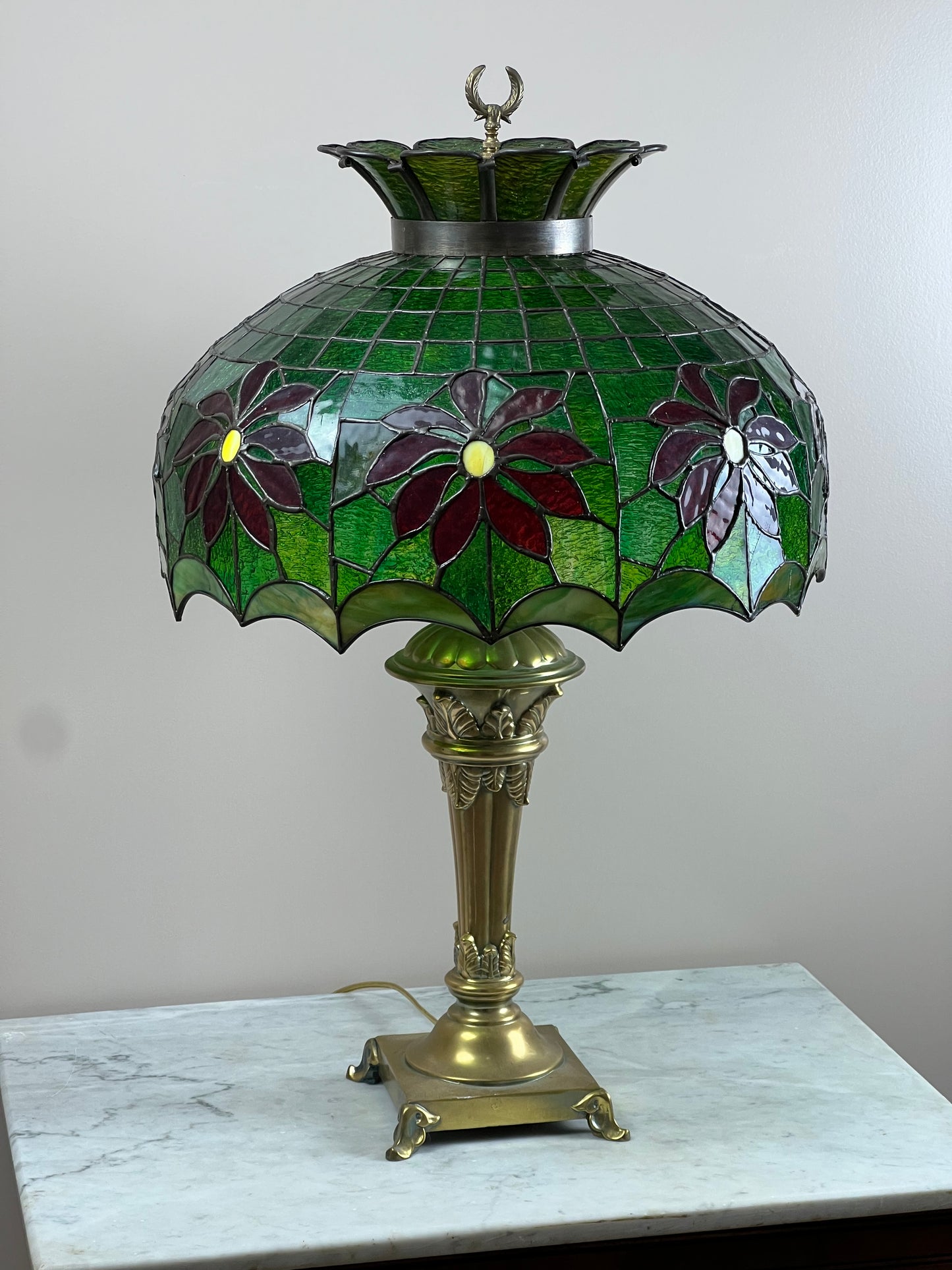 Studio Made Tiffany Style Green Leaded Glass Lamp with Brass Base