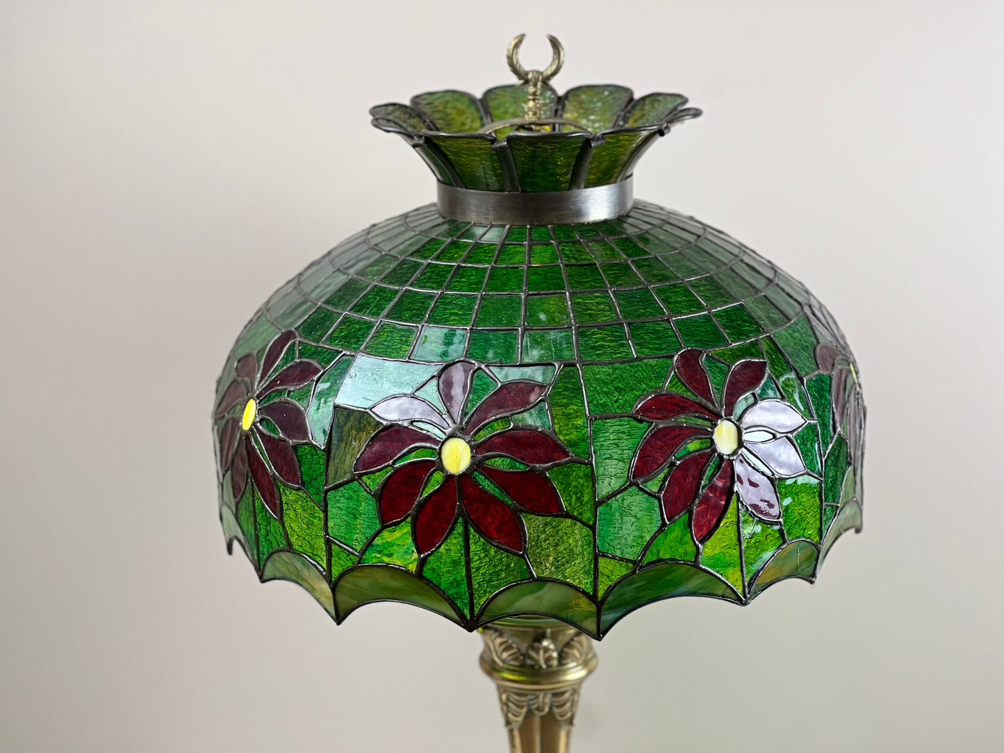 Studio Made Tiffany Style Green Leaded Glass Lamp with Brass Base