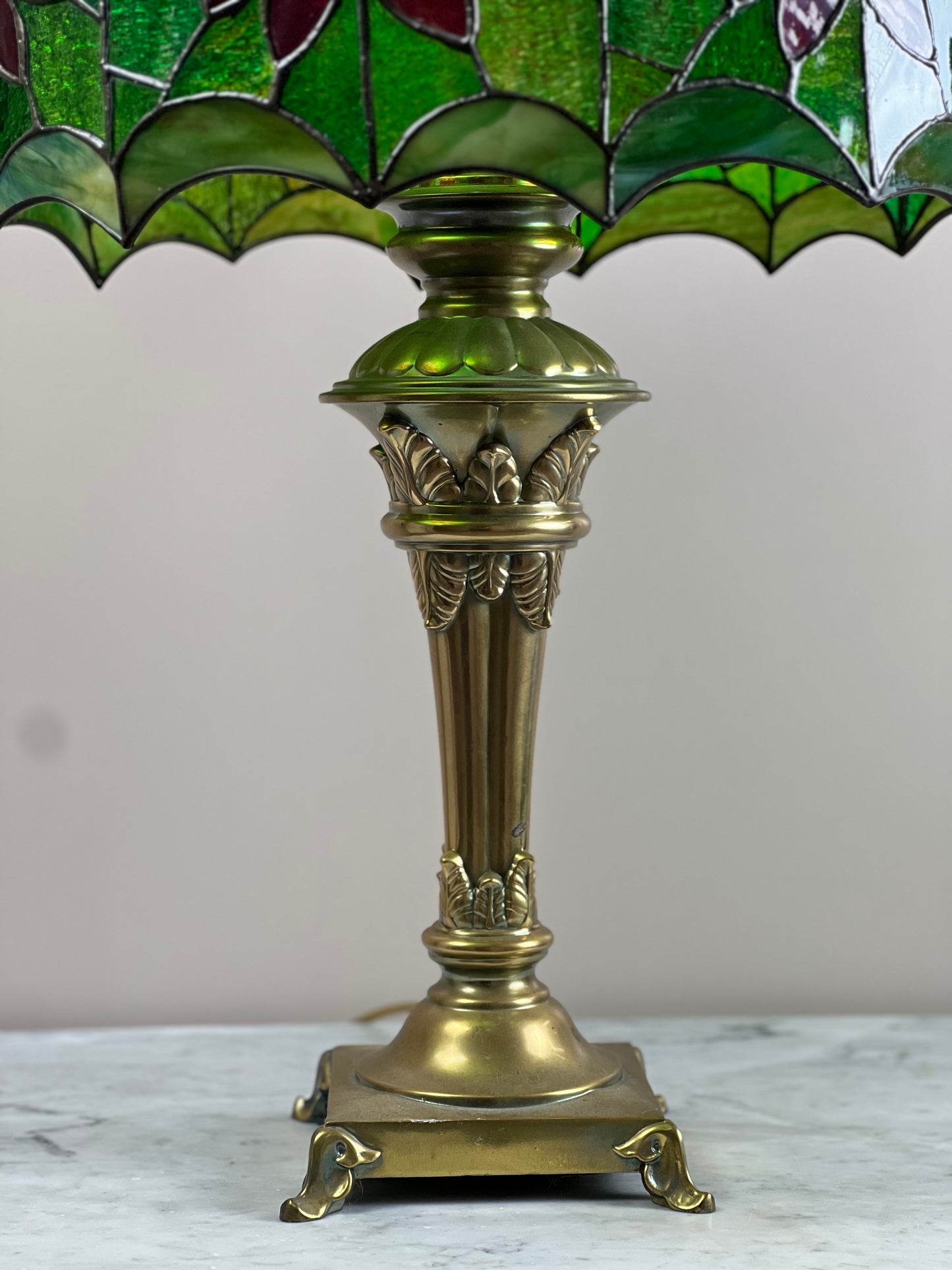 Studio Made Tiffany Style Green Leaded Glass Lamp with Brass Base