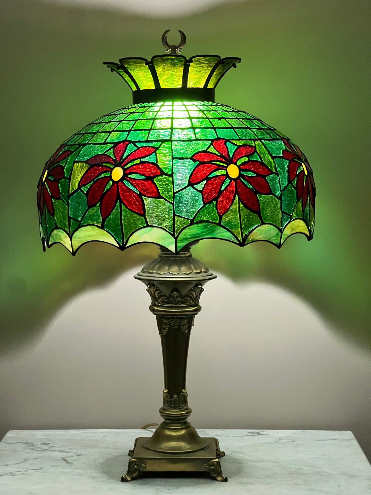 Studio Made Tiffany Style Green Leaded Glass Lamp with Brass Base