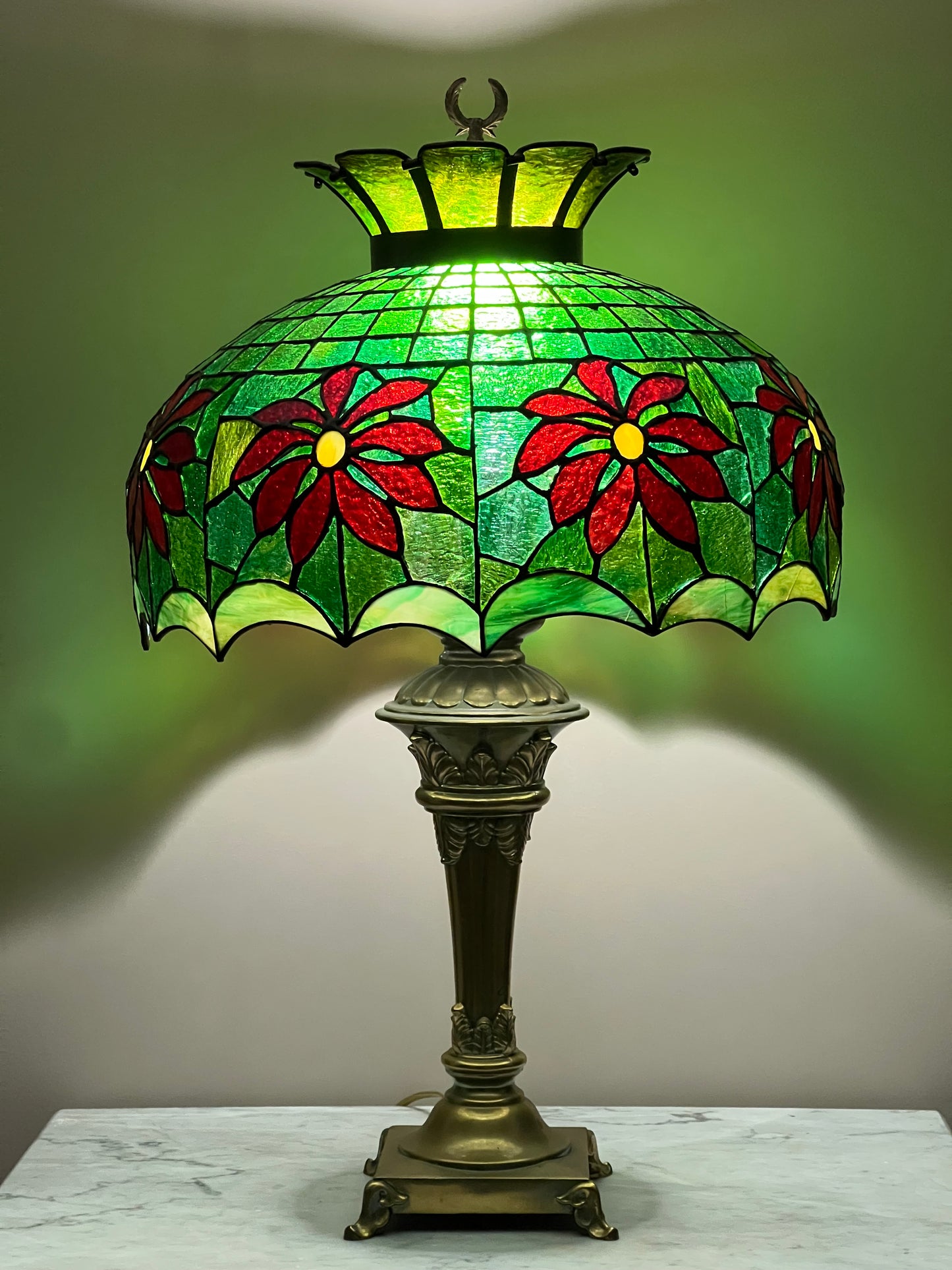 Studio Made Tiffany Style Green Leaded Glass Lamp with Brass Base