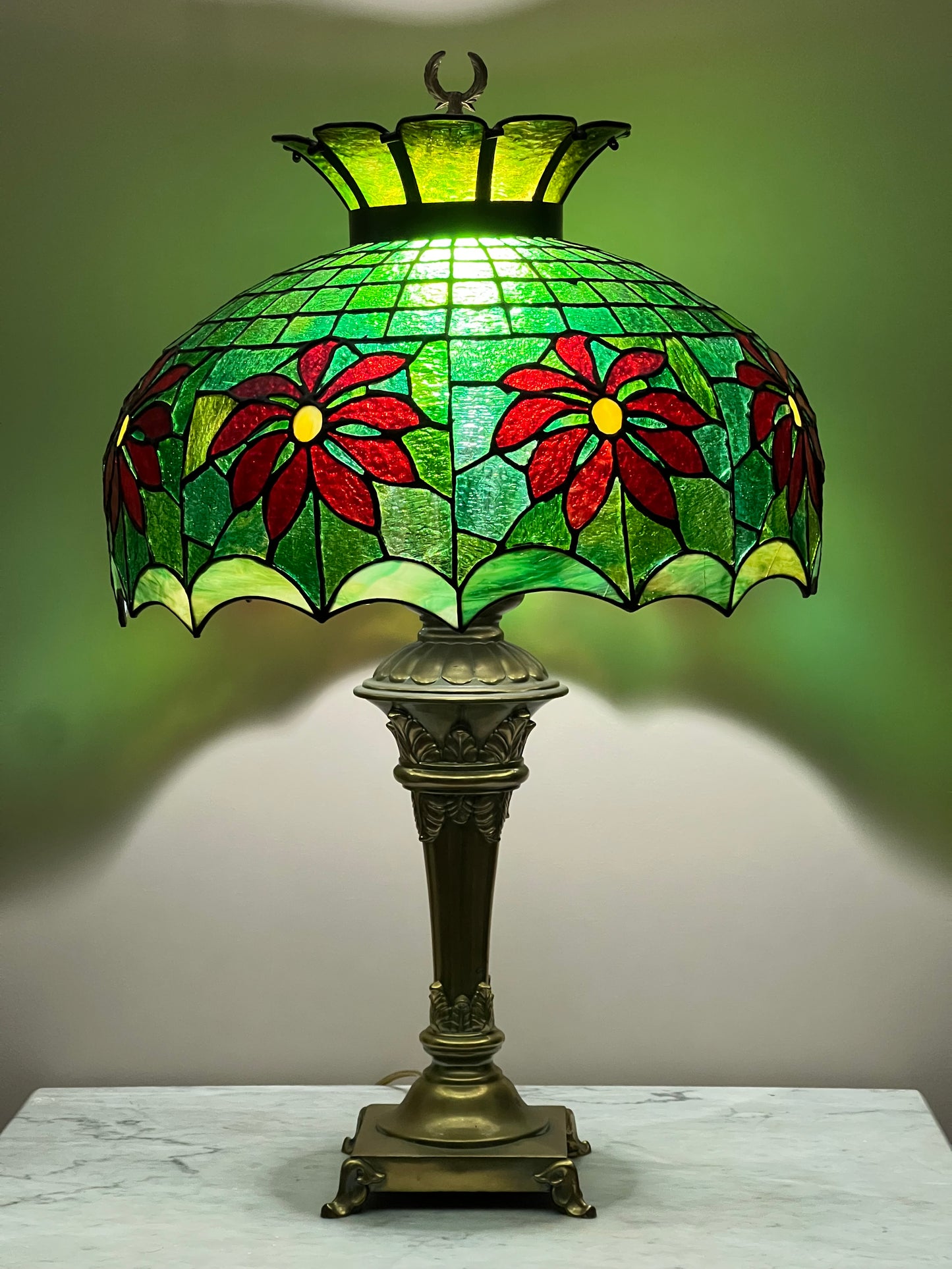 Studio Made Tiffany Style Green Leaded Glass Lamp with Brass Base