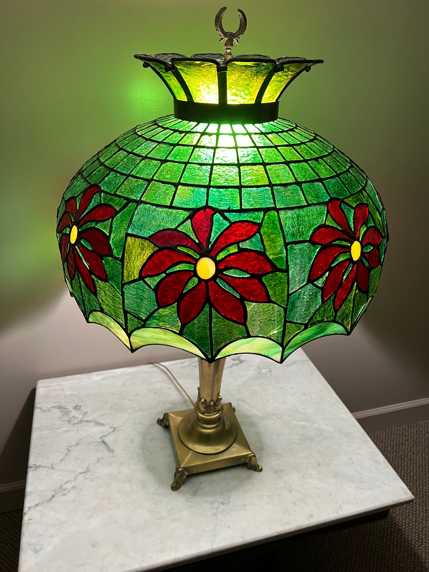 Studio Made Tiffany Style Green Leaded Glass Lamp with Brass Base