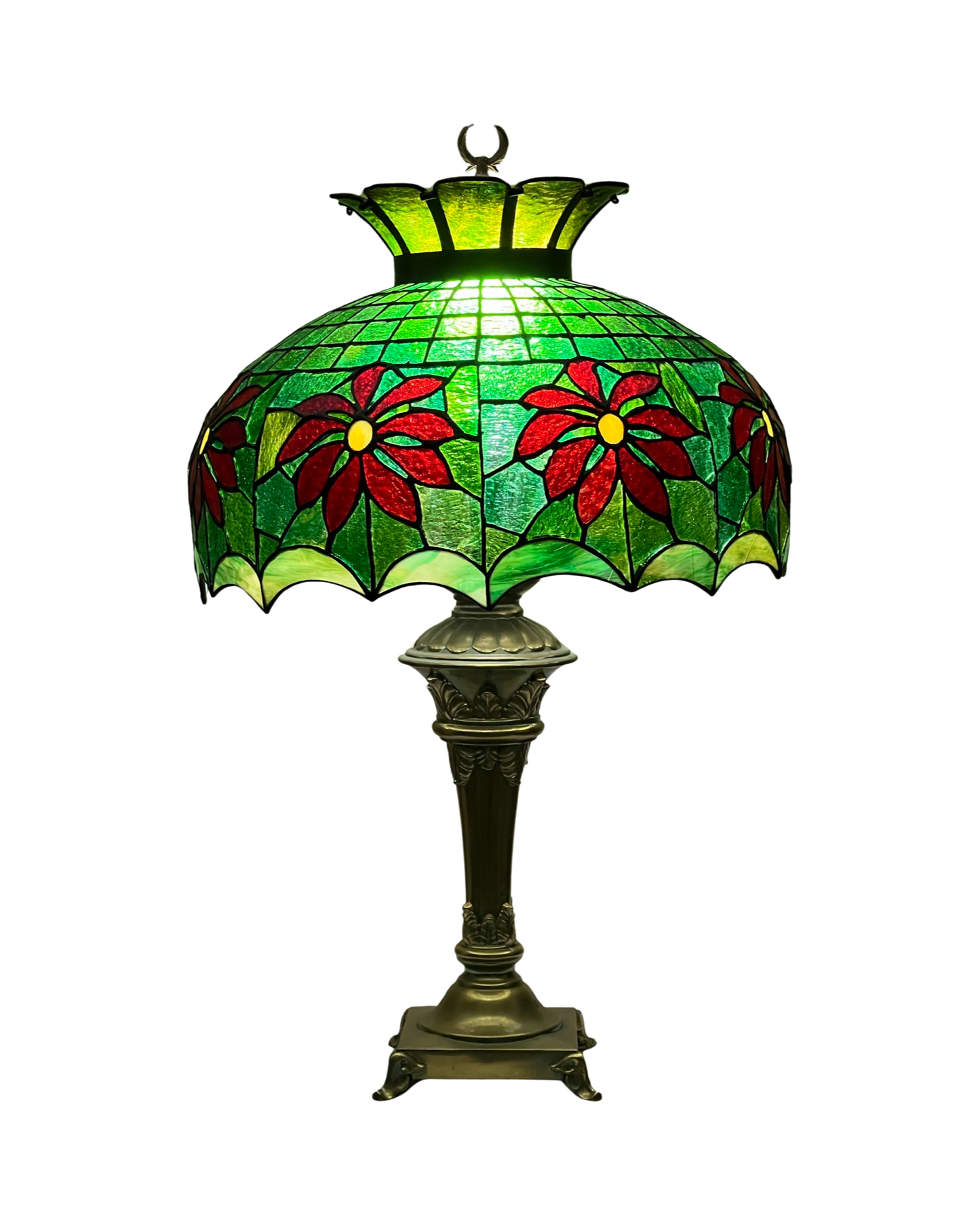 Studio Made Tiffany Style Green Leaded Glass Lamp with Brass Base