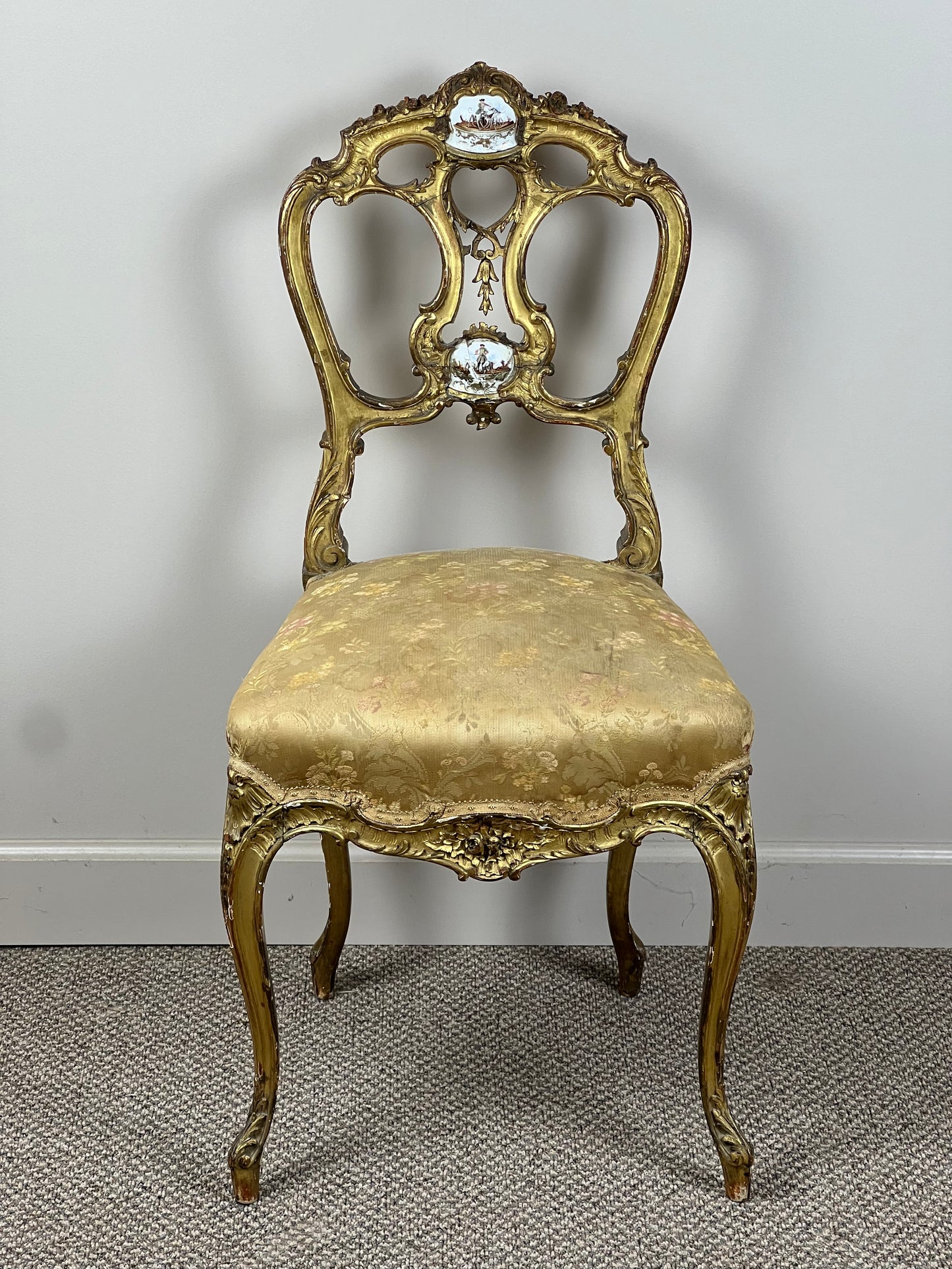 Antique French Louis XVI Gilt Side Chair with Porcelain Medallions