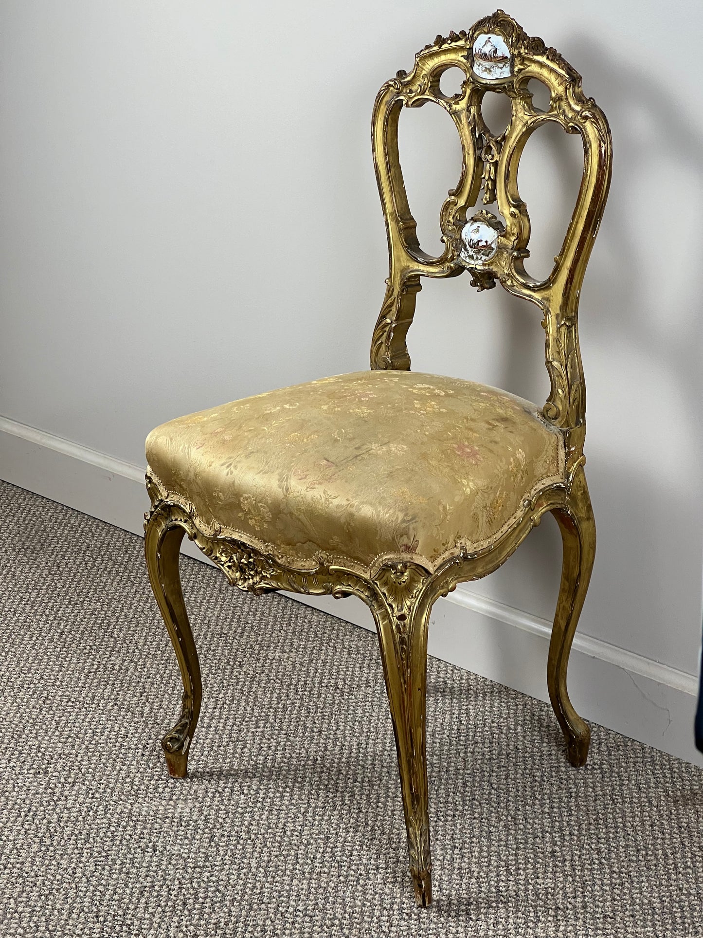 Antique French Louis XVI Gilt Side Chair with Porcelain Medallions