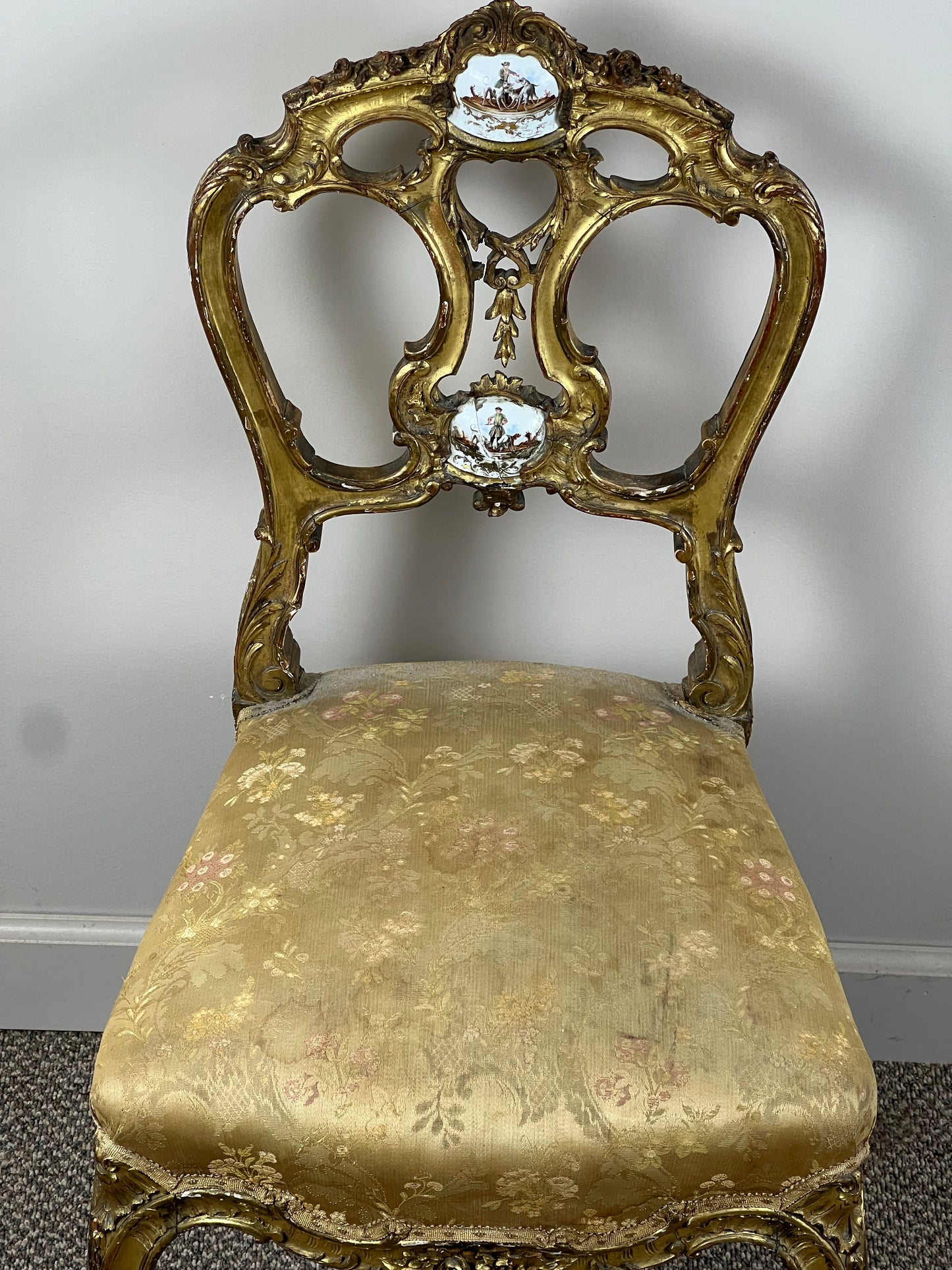 Antique French Louis XVI Gilt Side Chair with Porcelain Medallions