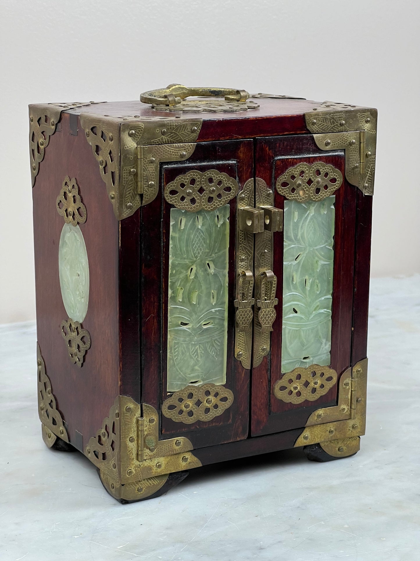 Vintage Asian Rosewood and Jade Diminutive Three Drawer Jewelry Box Made in Shanghai