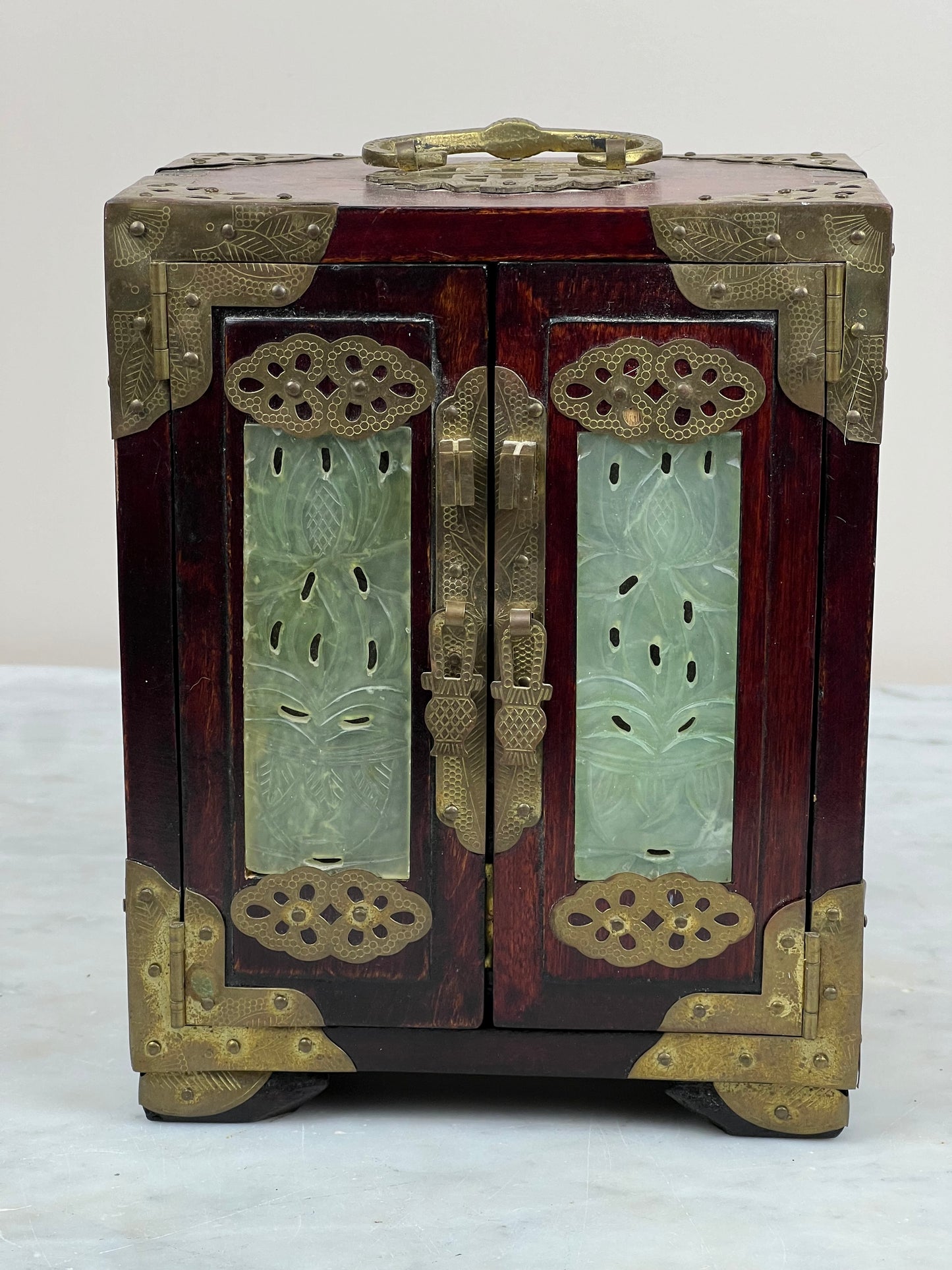 Vintage Asian Rosewood and Jade Diminutive Three Drawer Jewelry Box Made in Shanghai