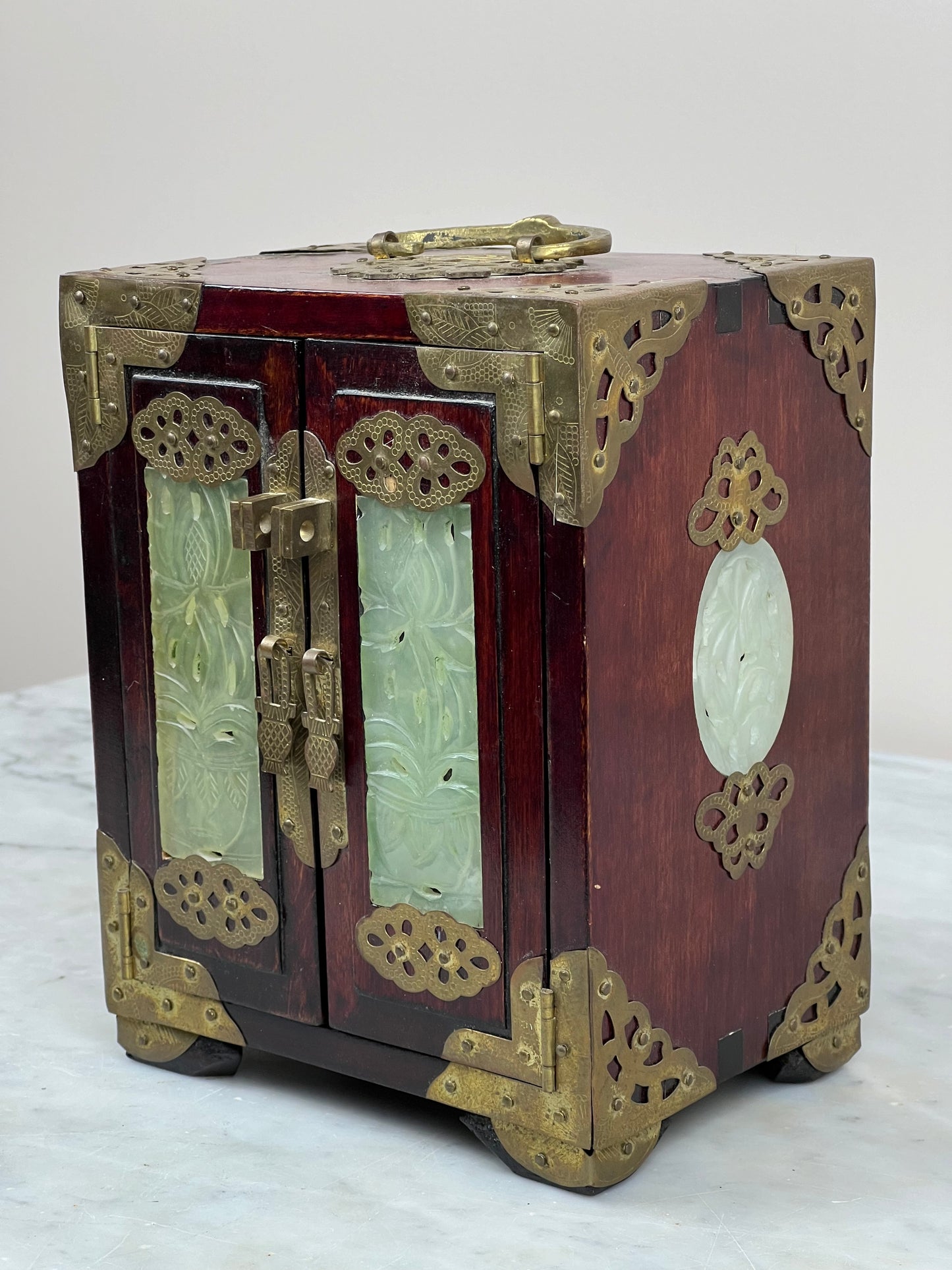 Vintage Asian Rosewood and Jade Diminutive Three Drawer Jewelry Box Made in Shanghai