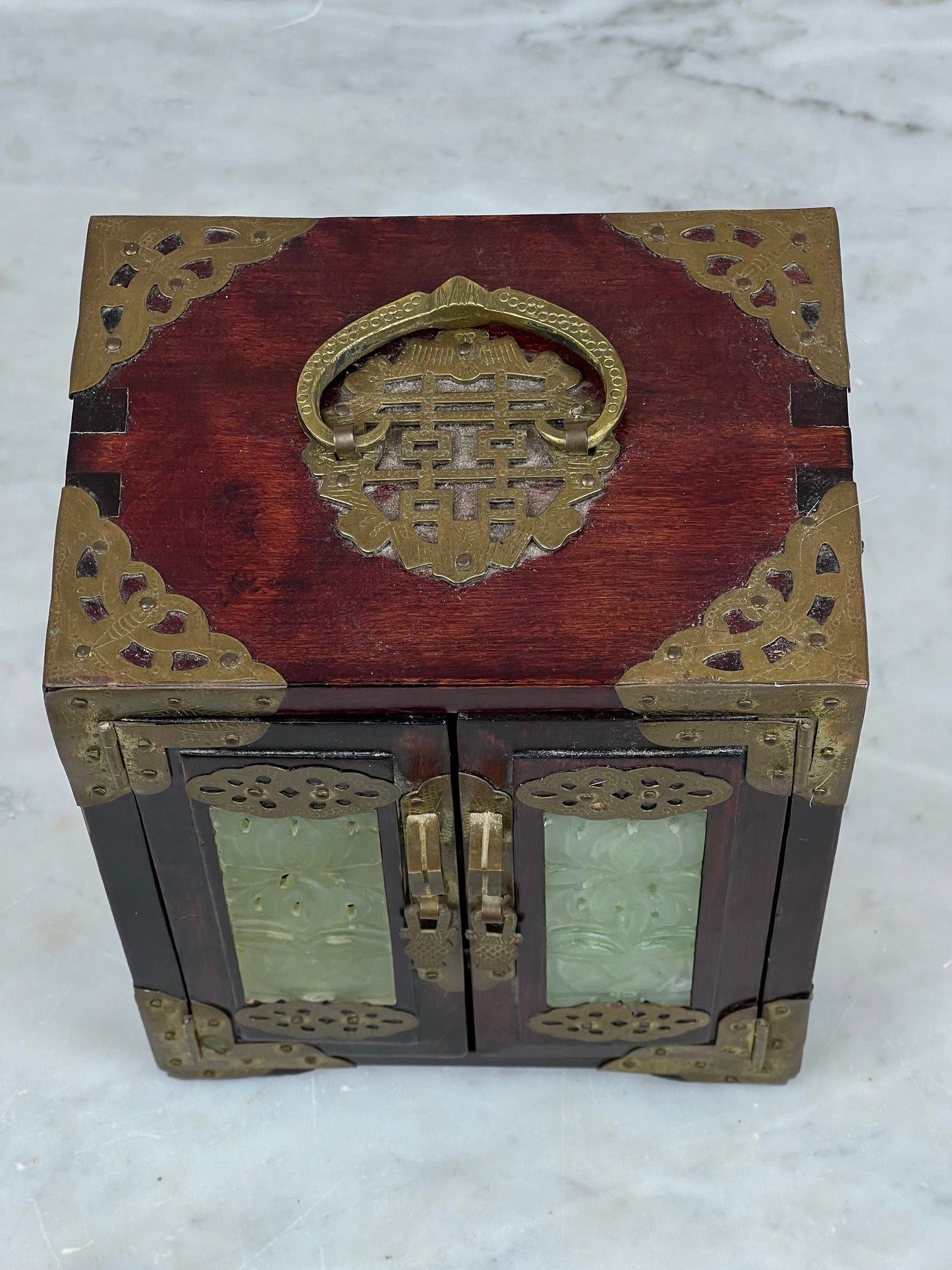 Vintage Asian Rosewood and Jade Diminutive Three Drawer Jewelry Box Made in Shanghai