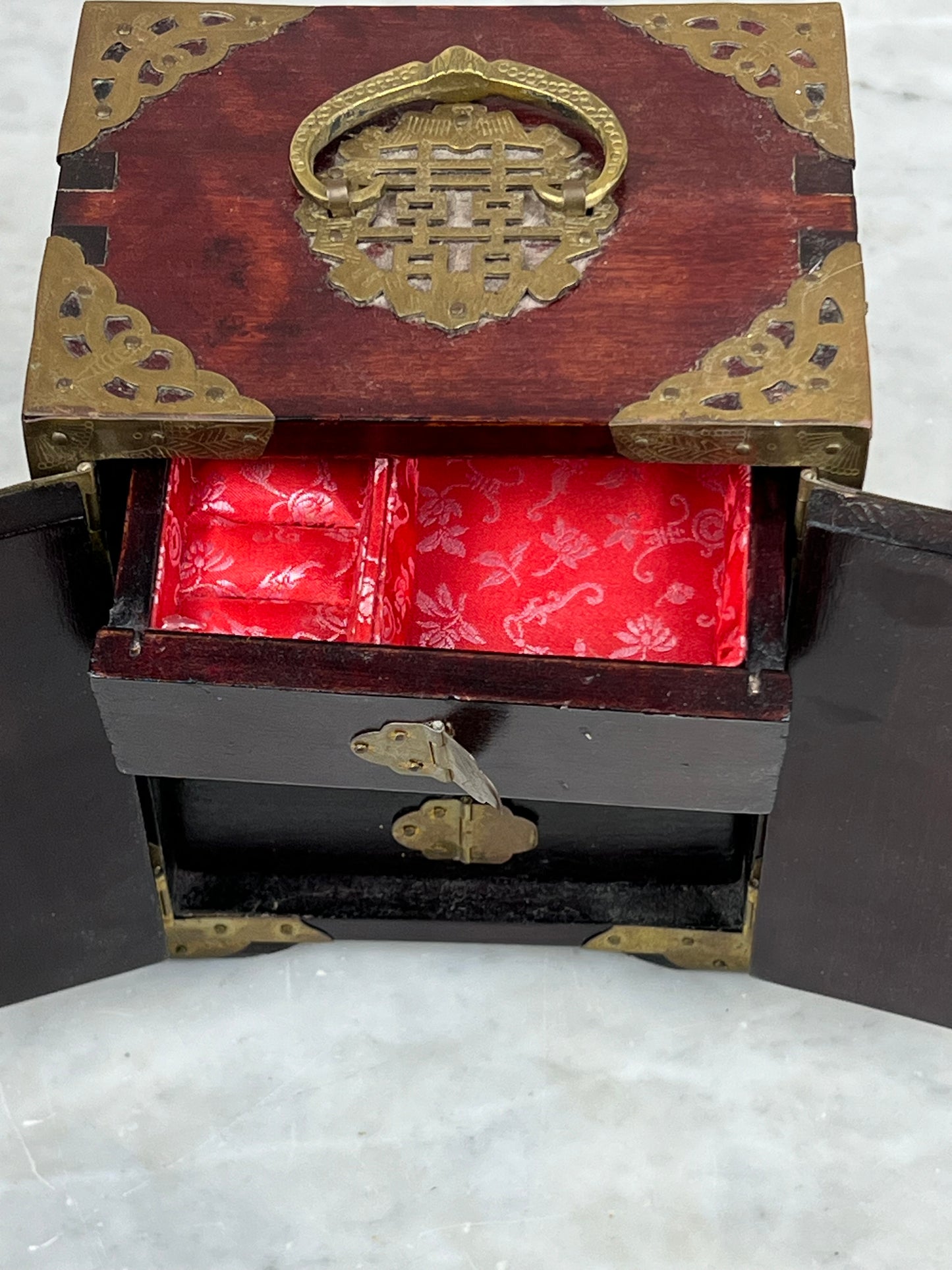 Vintage Asian Rosewood and Jade Diminutive Three Drawer Jewelry Box Made in Shanghai