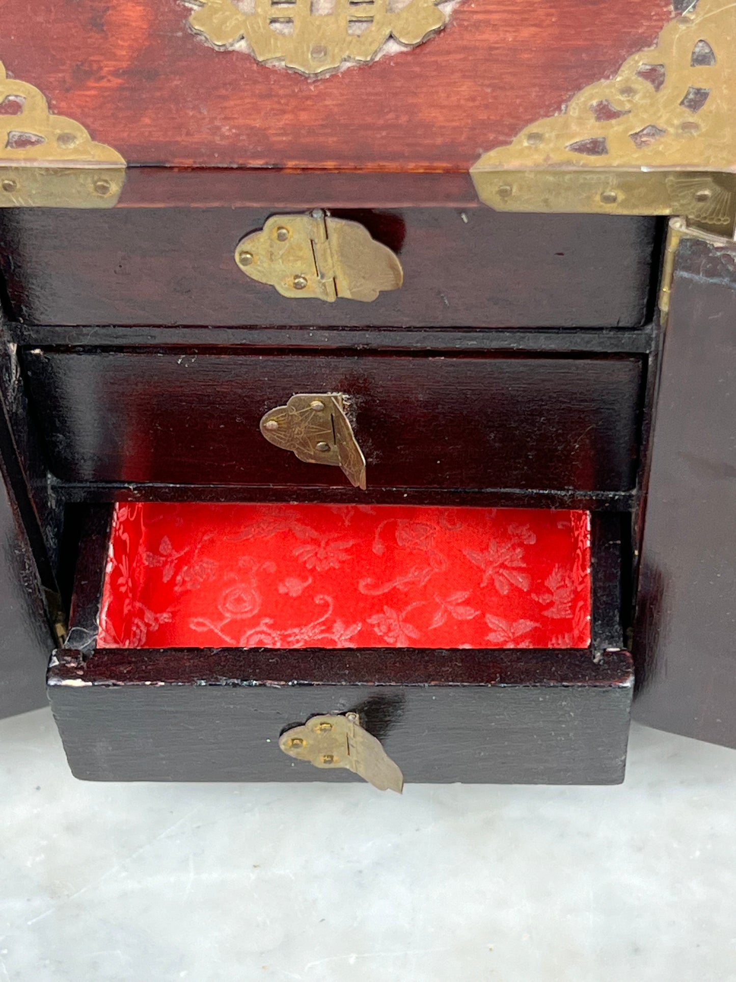 Vintage Asian Rosewood and Jade Diminutive Three Drawer Jewelry Box Made in Shanghai