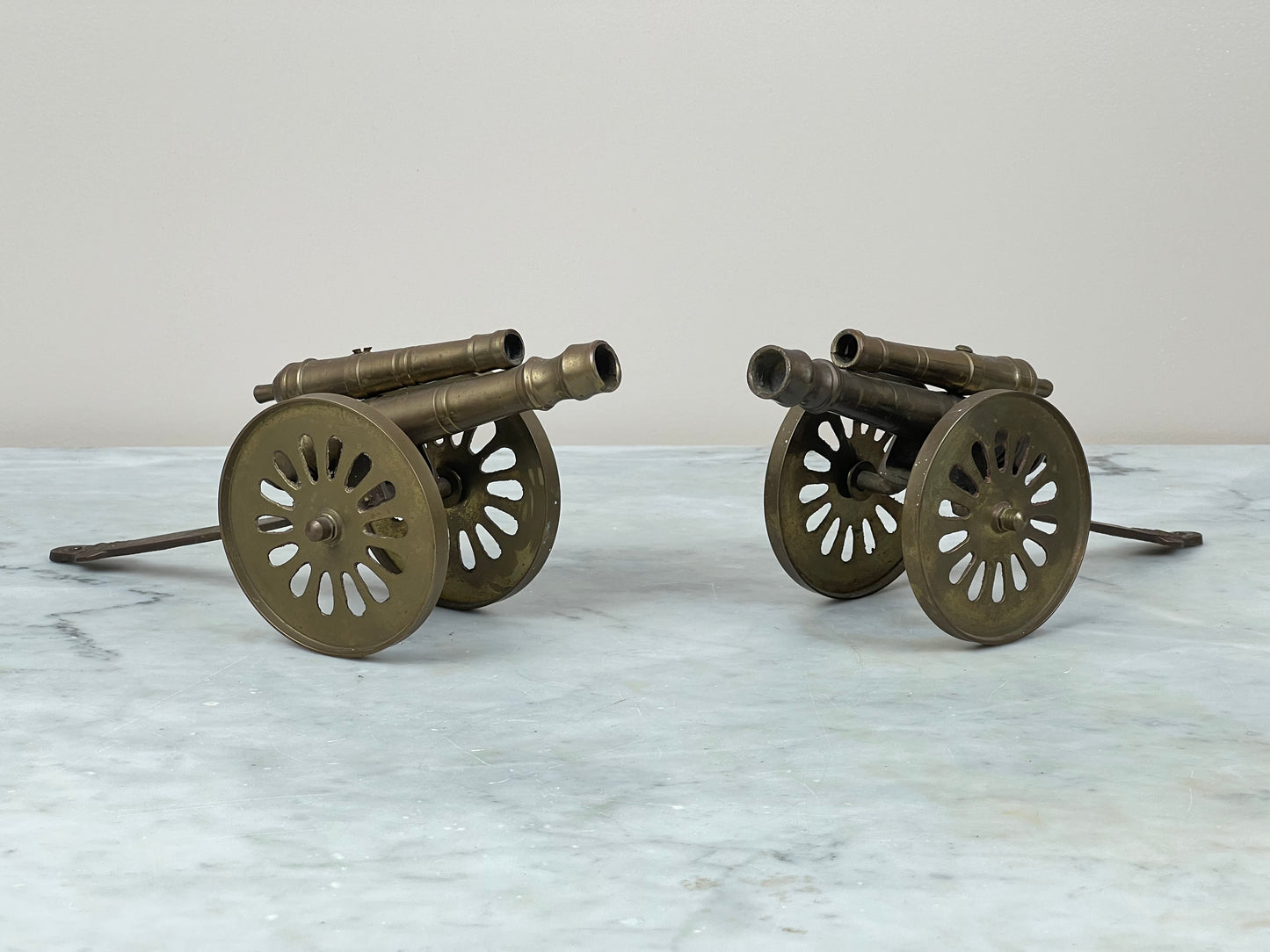 Pair of Cast Brass Double Cannon Figurines