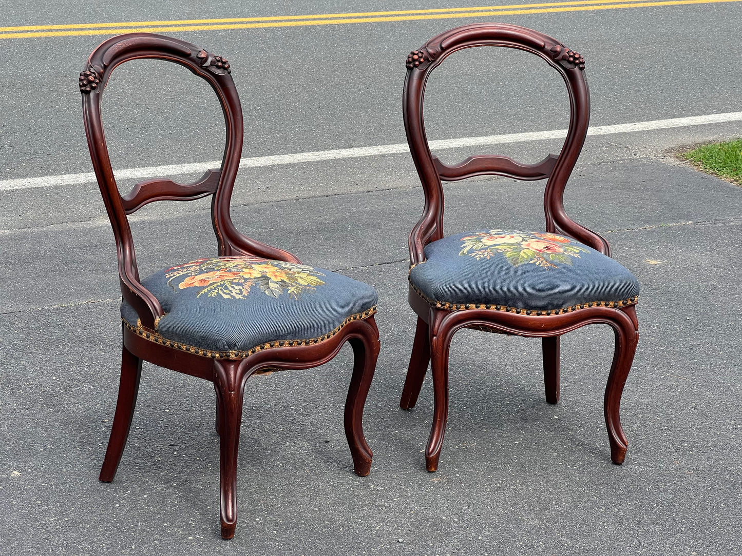 Pair of Antique Victorian Tapestry Seat Parlor Chairs c. Late 19th Century