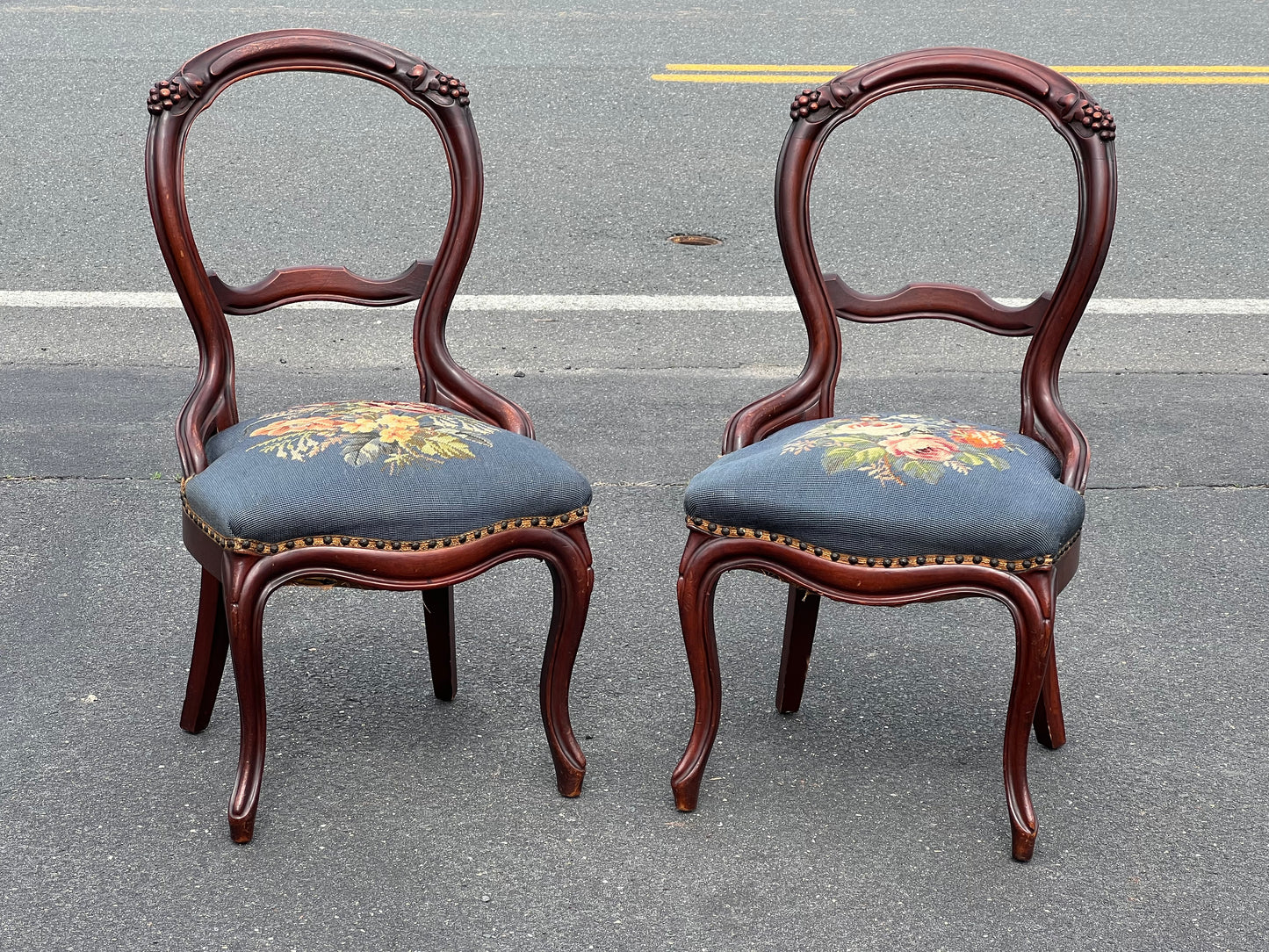 Pair of Antique Victorian Tapestry Seat Parlor Chairs c. Late 19th Century