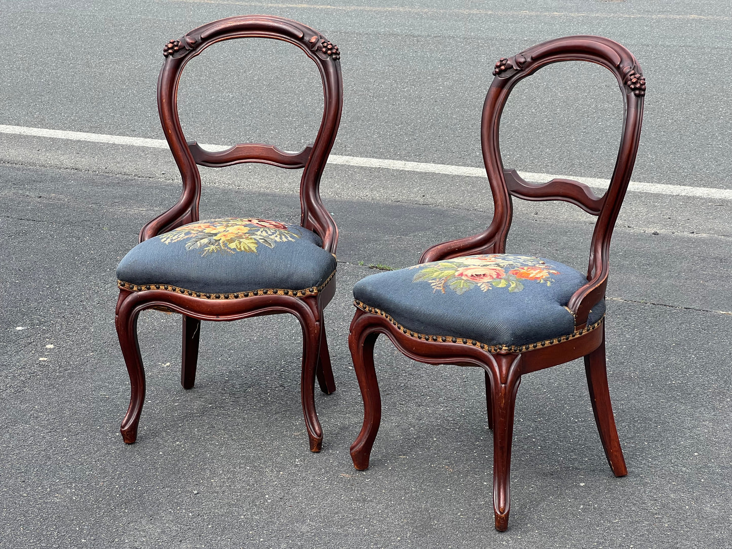 Pair of Antique Victorian Tapestry Seat Parlor Chairs c. Late 19th Century