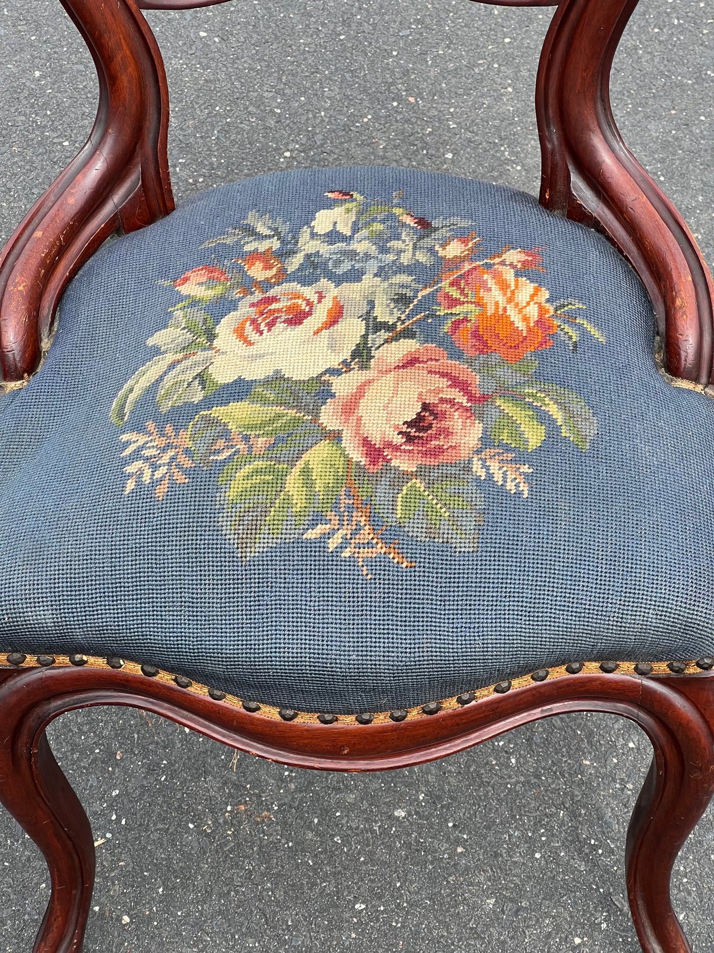 Pair of Antique Victorian Tapestry Seat Parlor Chairs c. Late 19th Century