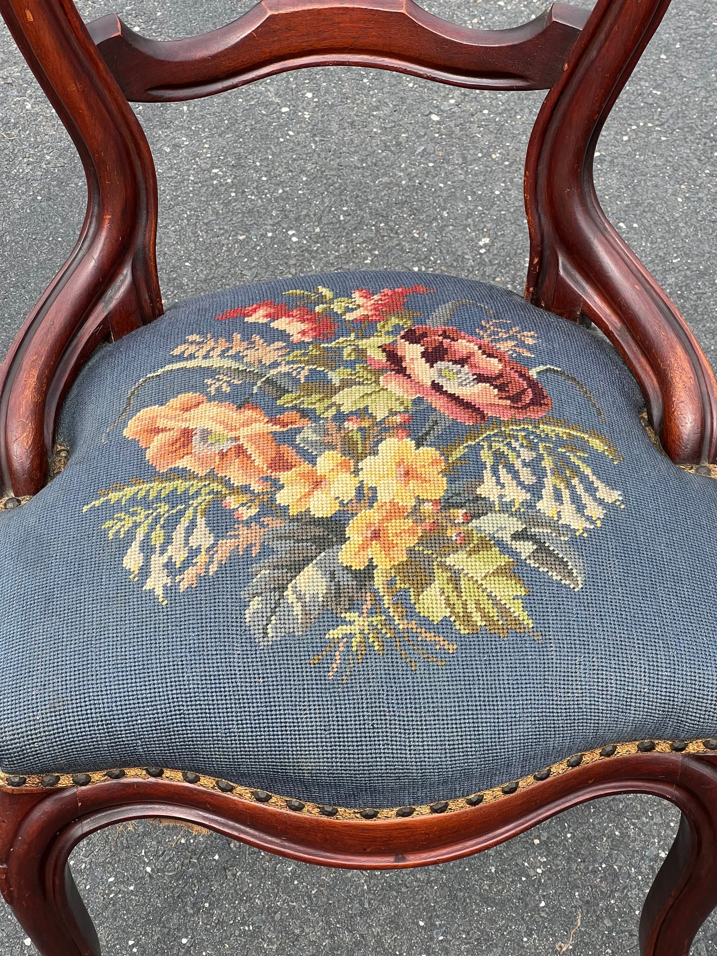 Pair of Antique Victorian Tapestry Seat Parlor Chairs c. Late 19th Century