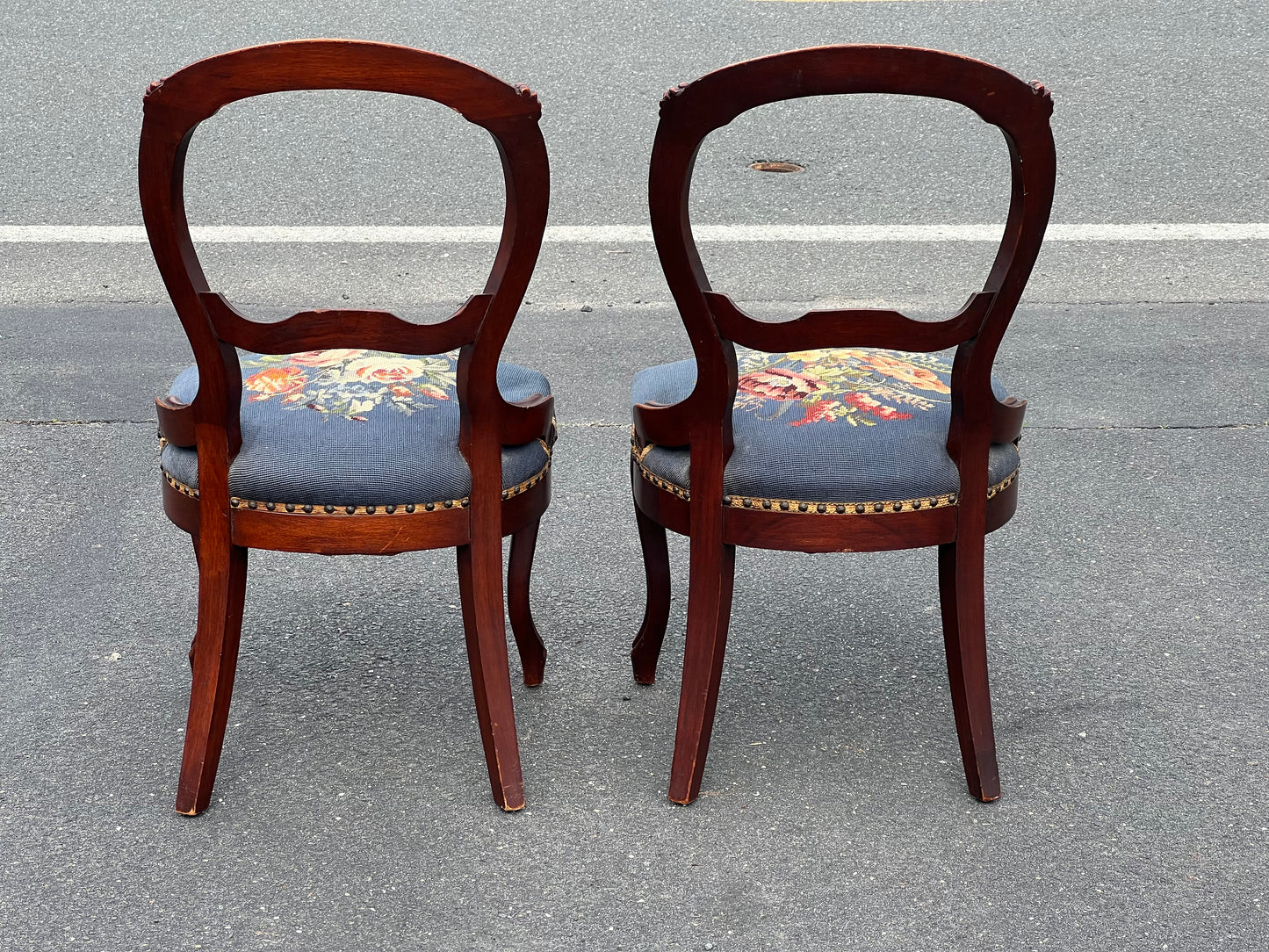 Pair of Antique Victorian Tapestry Seat Parlor Chairs c. Late 19th Century