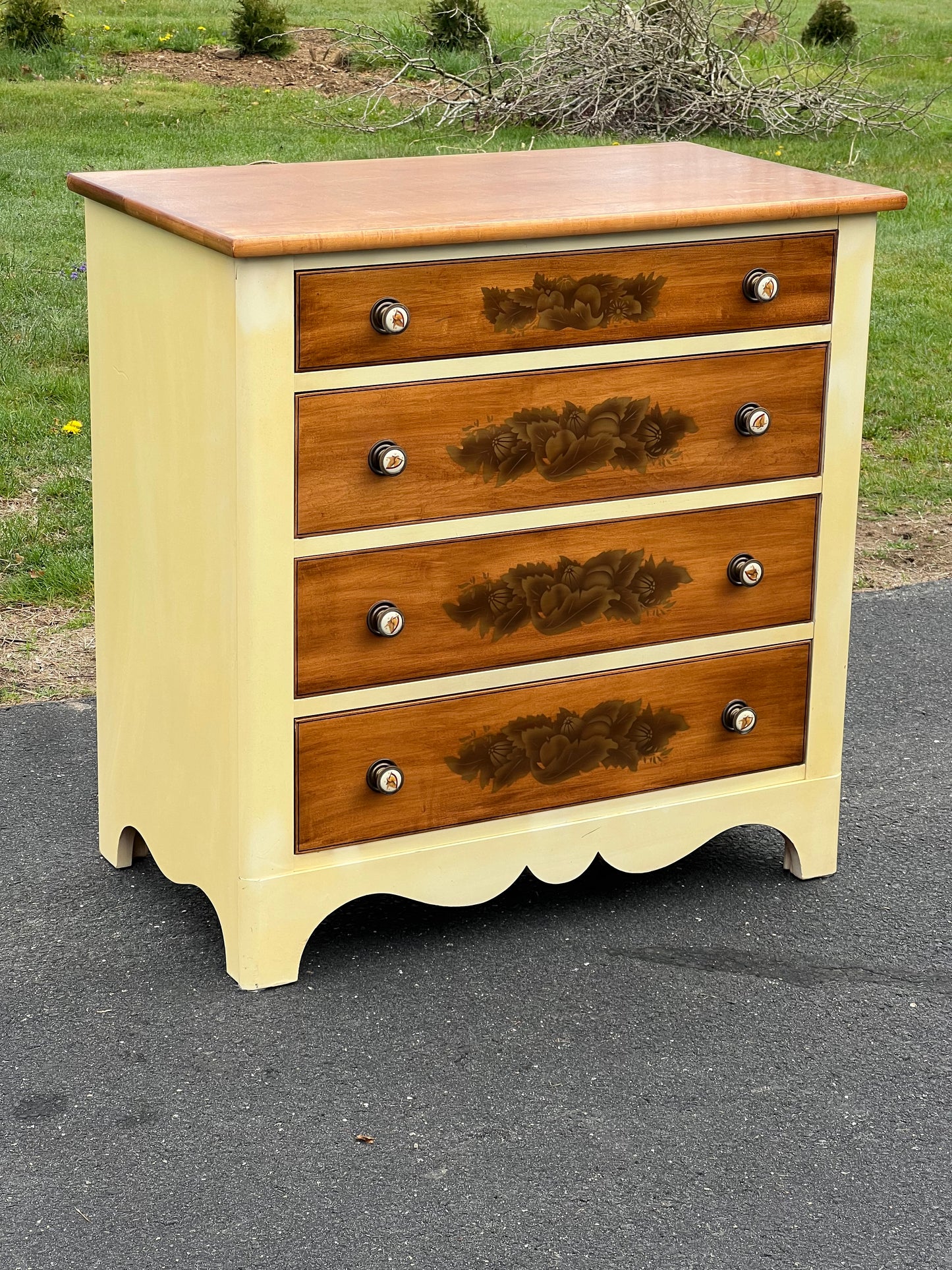 Vintage Hitchcock Maple White Harvest Four Drawer Chest with Maple Top and Drawer Fronts