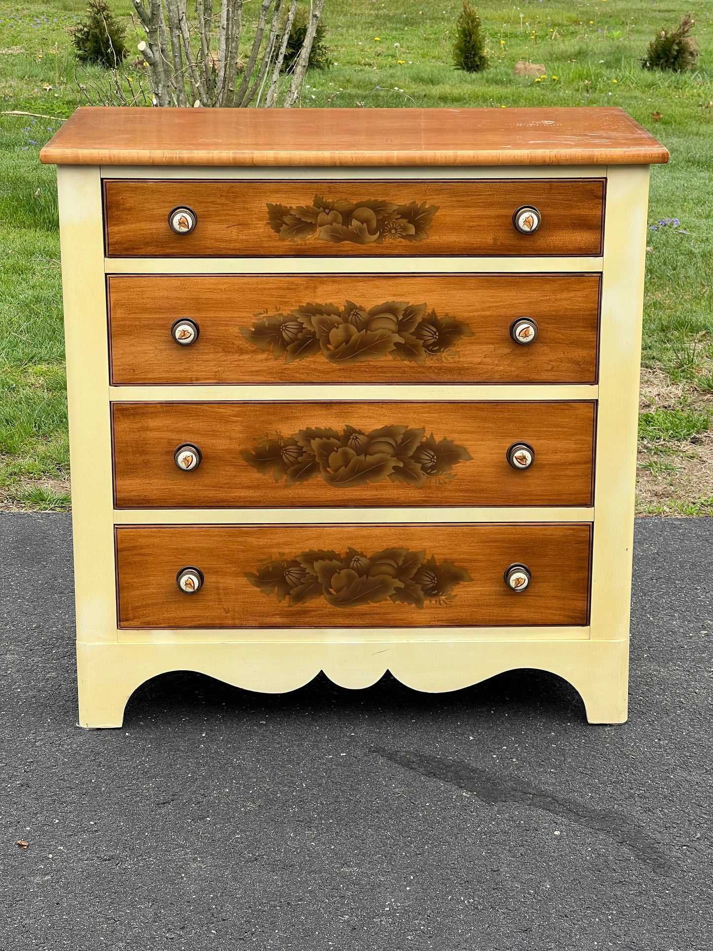 Vintage Hitchcock Maple White Harvest Four Drawer Chest with Maple Top and Drawer Fronts