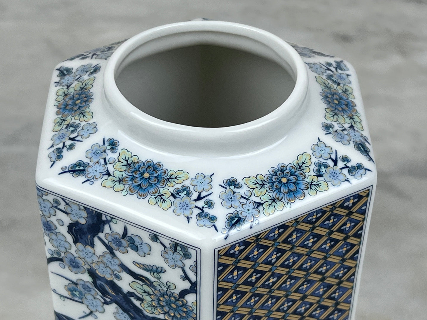 Vintage Toyo Japanese Blue and White Porcelain Hexagonal Ginger Jar