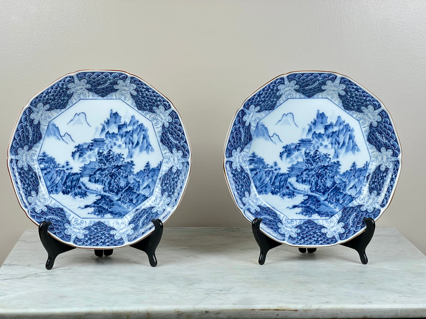 Pair of Japanese Satsuma Mokusen Blue and White Porcelain Bowls with Stands