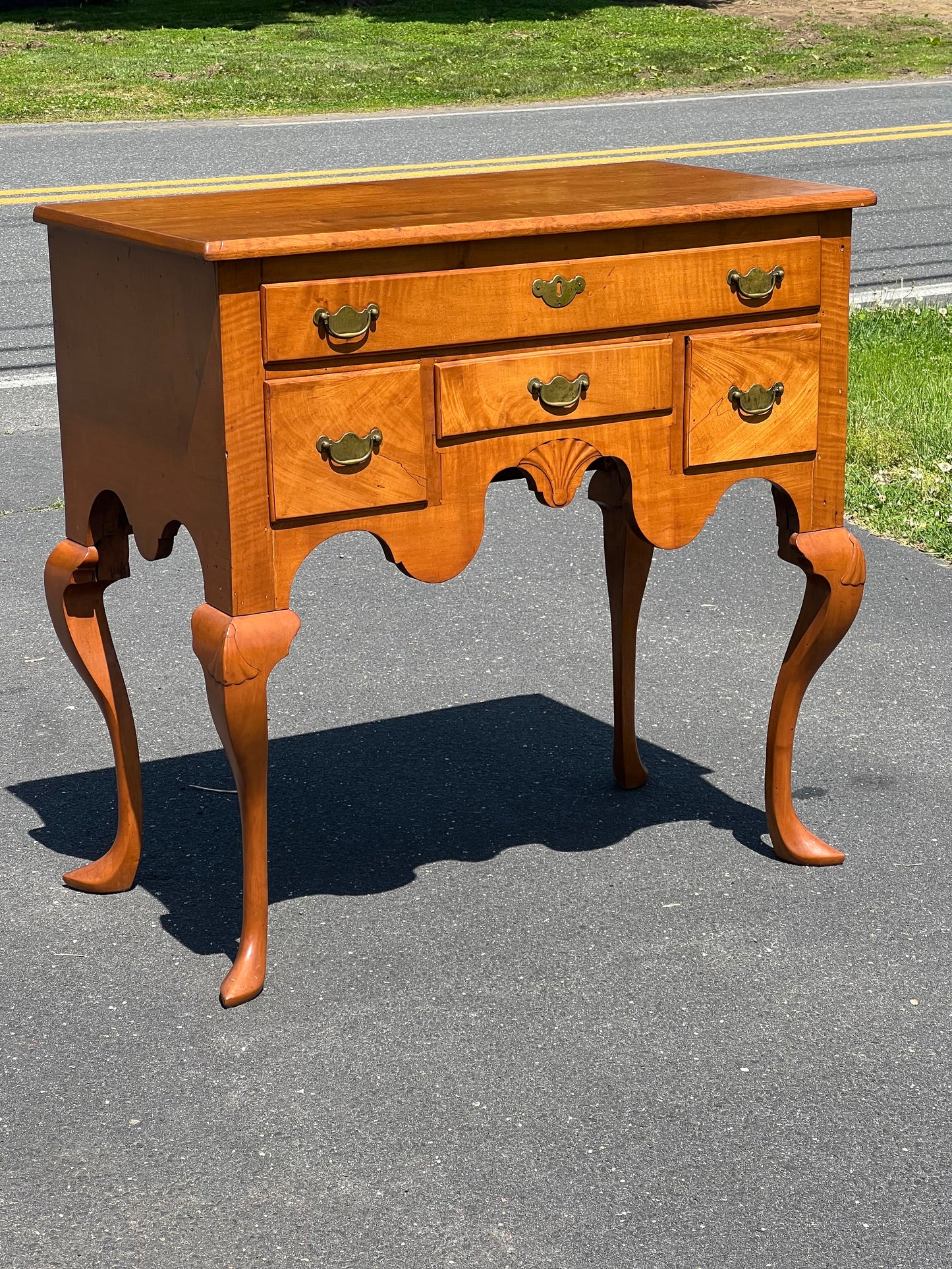 Antique 18th Century Newport Curly Maple Lowboy with Spade Feet