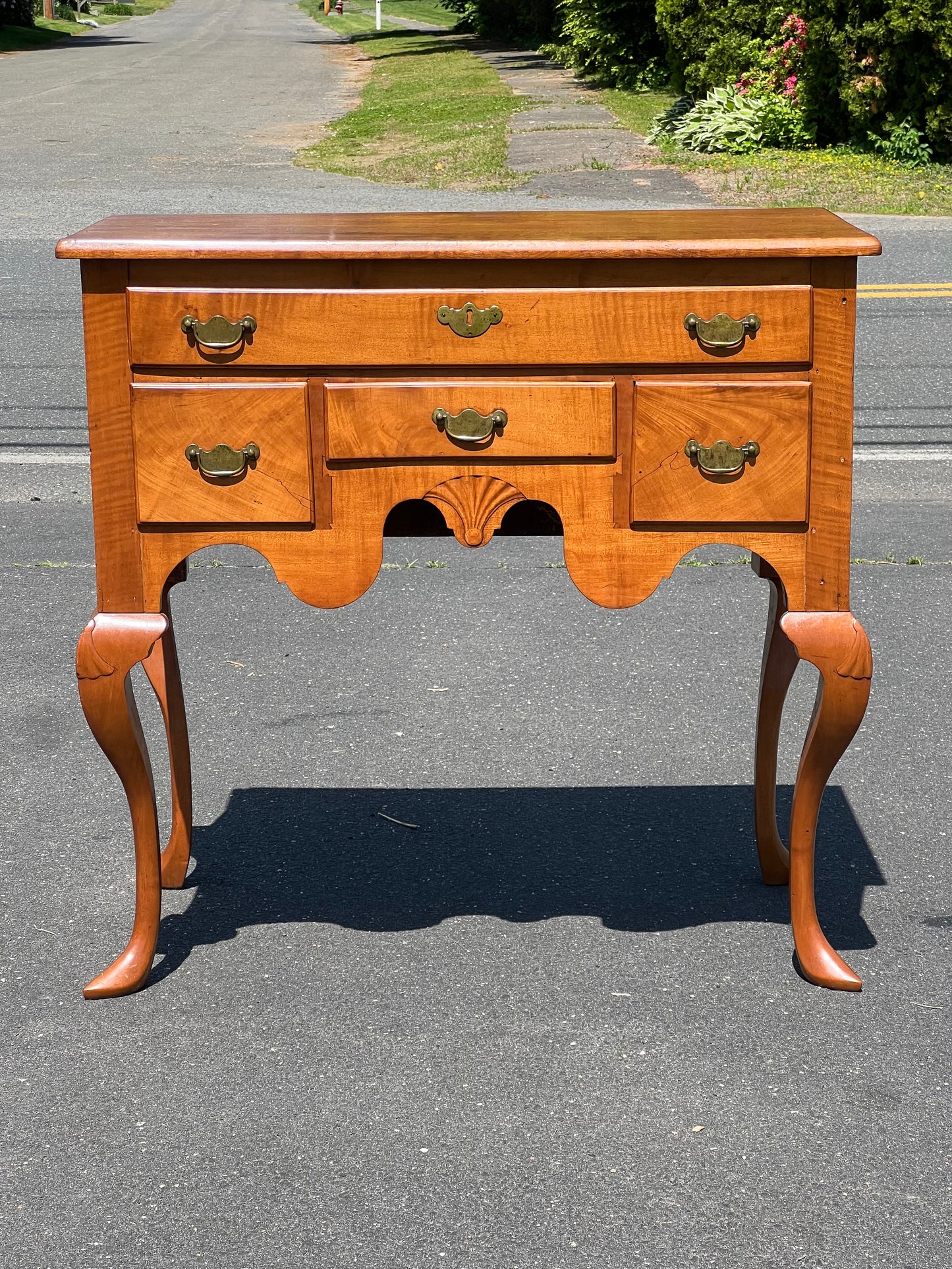 Antique 18th Century Newport Curly Maple Lowboy with Spade Feet