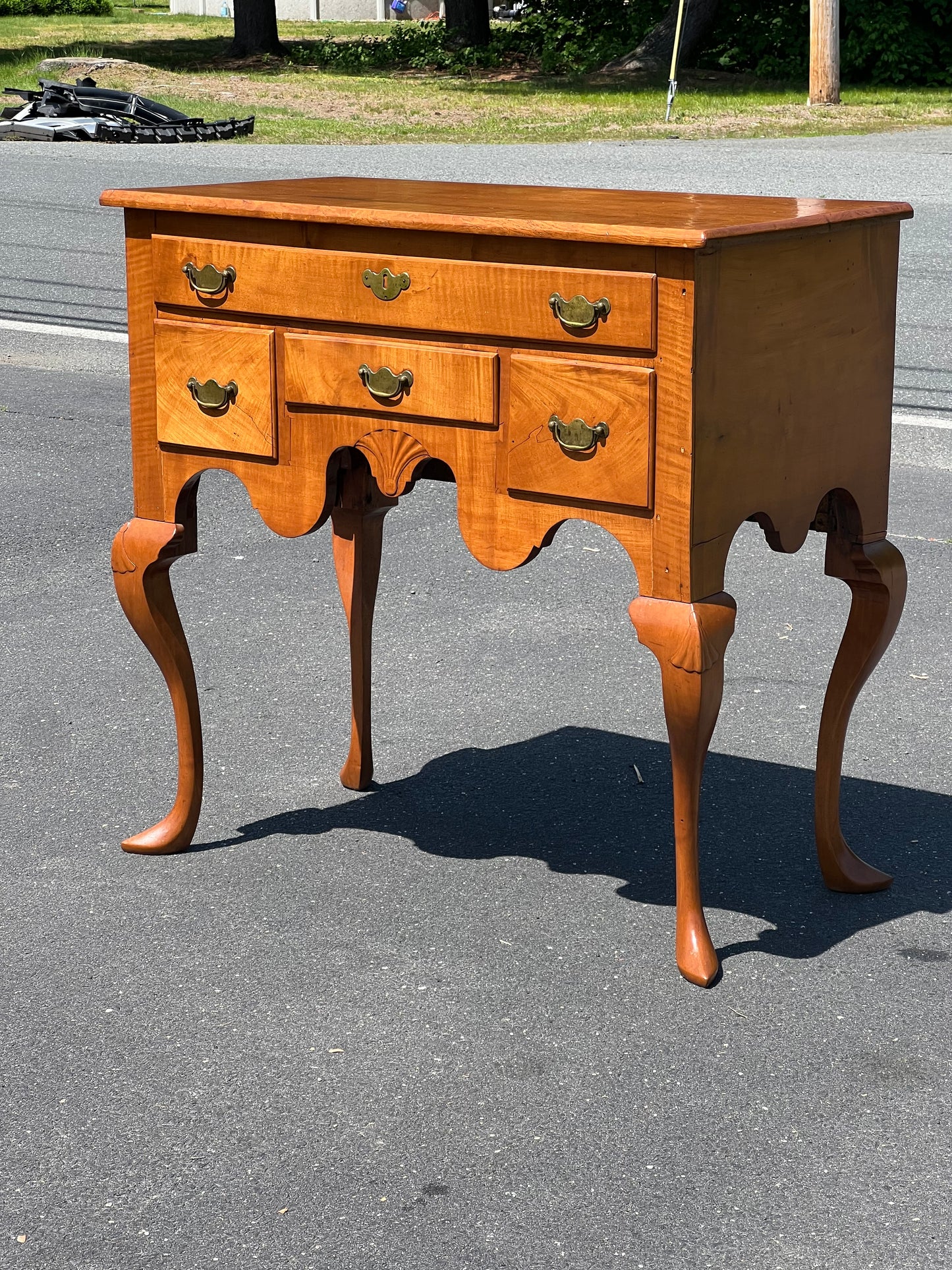 Antique 18th Century Newport Curly Maple Lowboy with Spade Feet