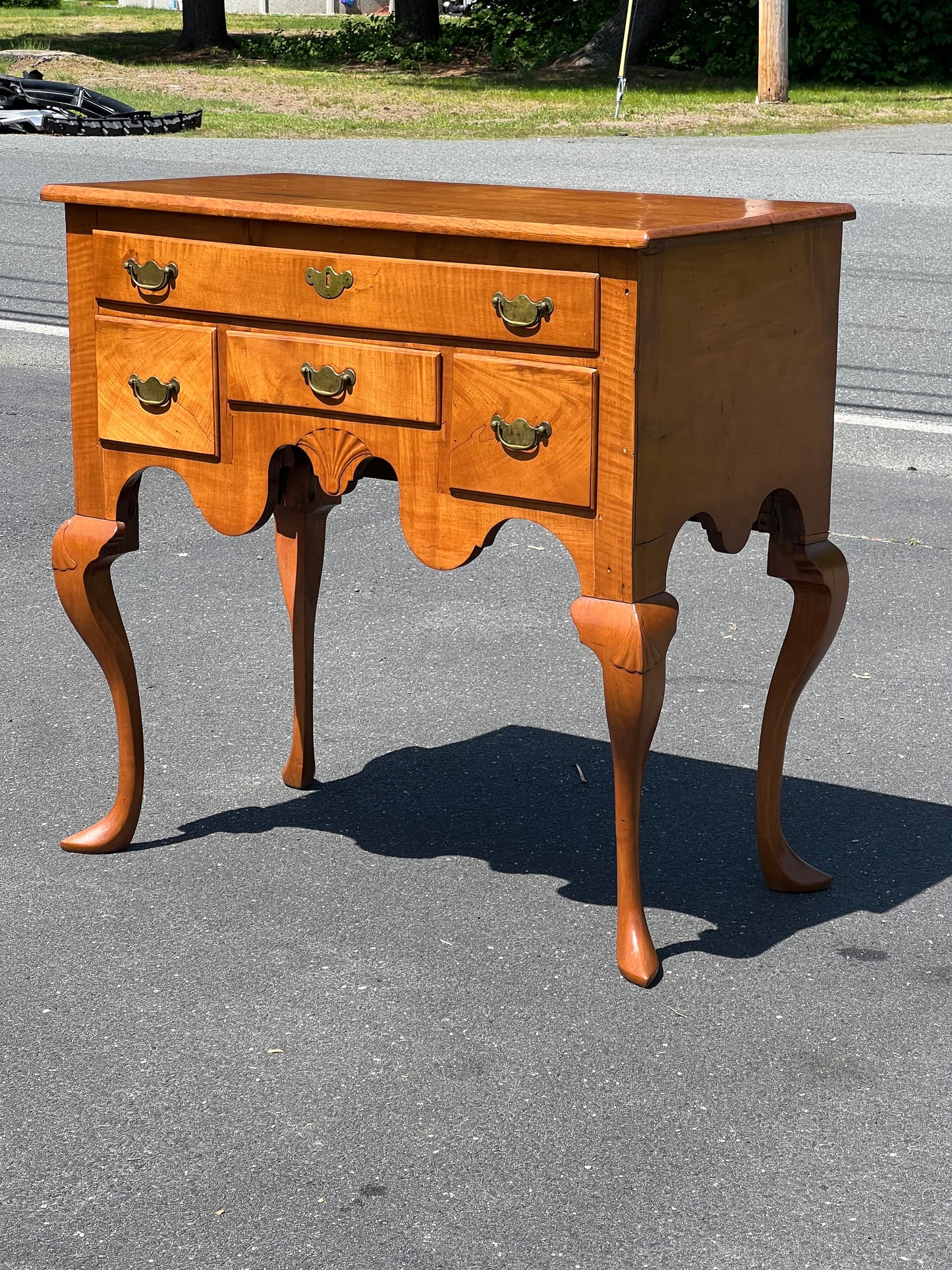 Antique 18th Century Newport Curly Maple Lowboy with Spade Feet