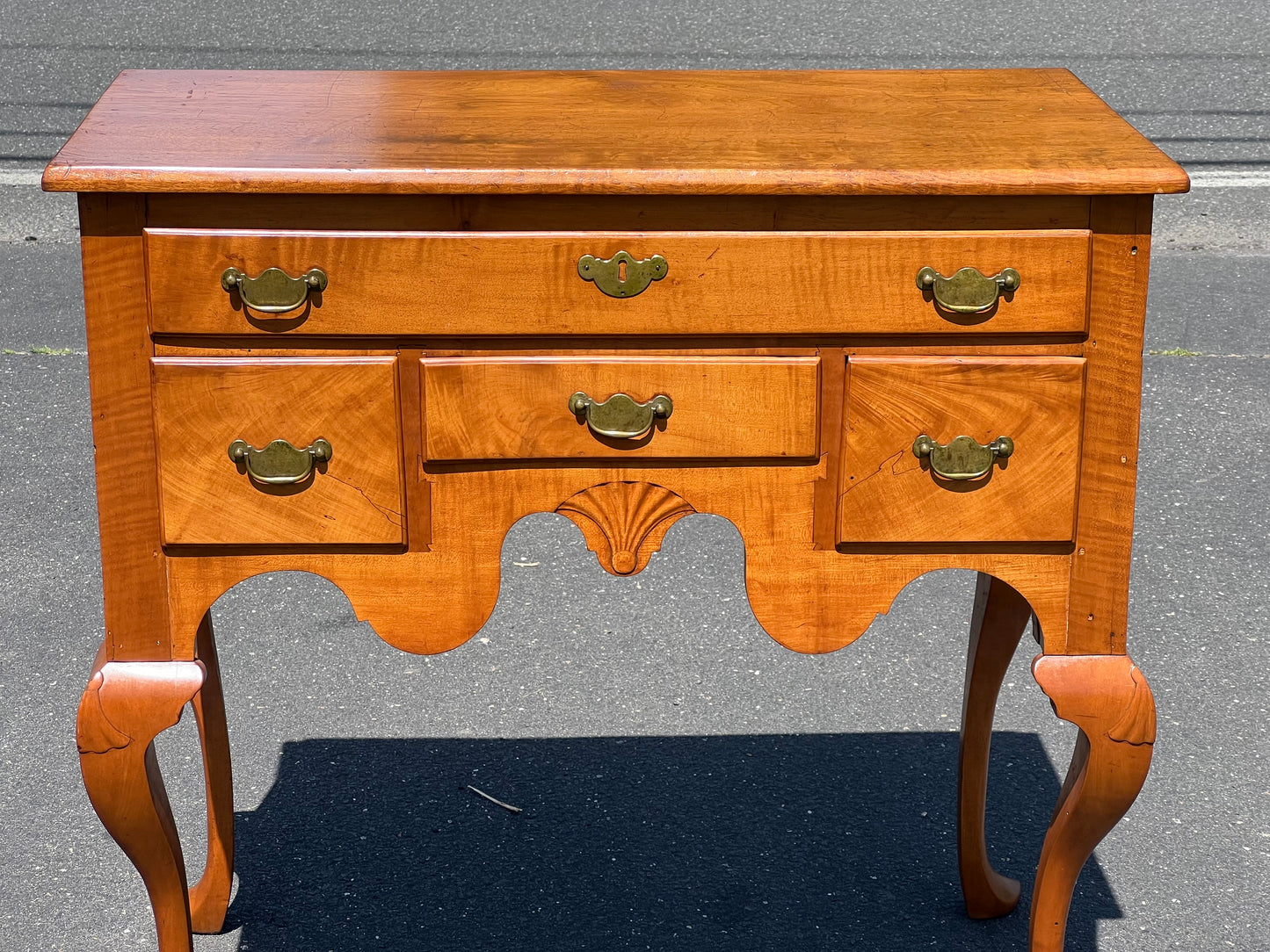 Antique 18th Century Newport Curly Maple Lowboy with Spade Feet