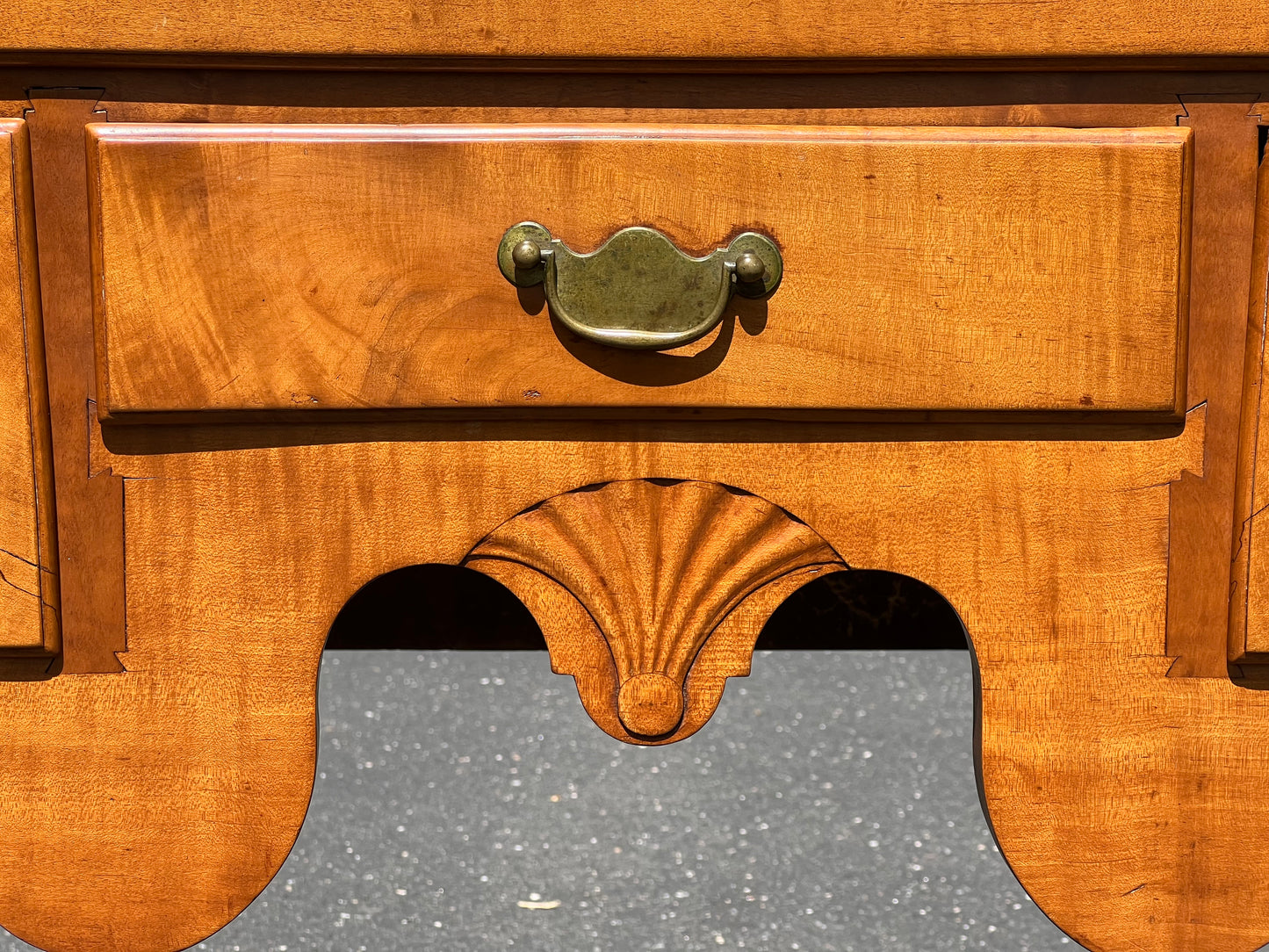 Antique 18th Century Newport Curly Maple Lowboy with Spade Feet