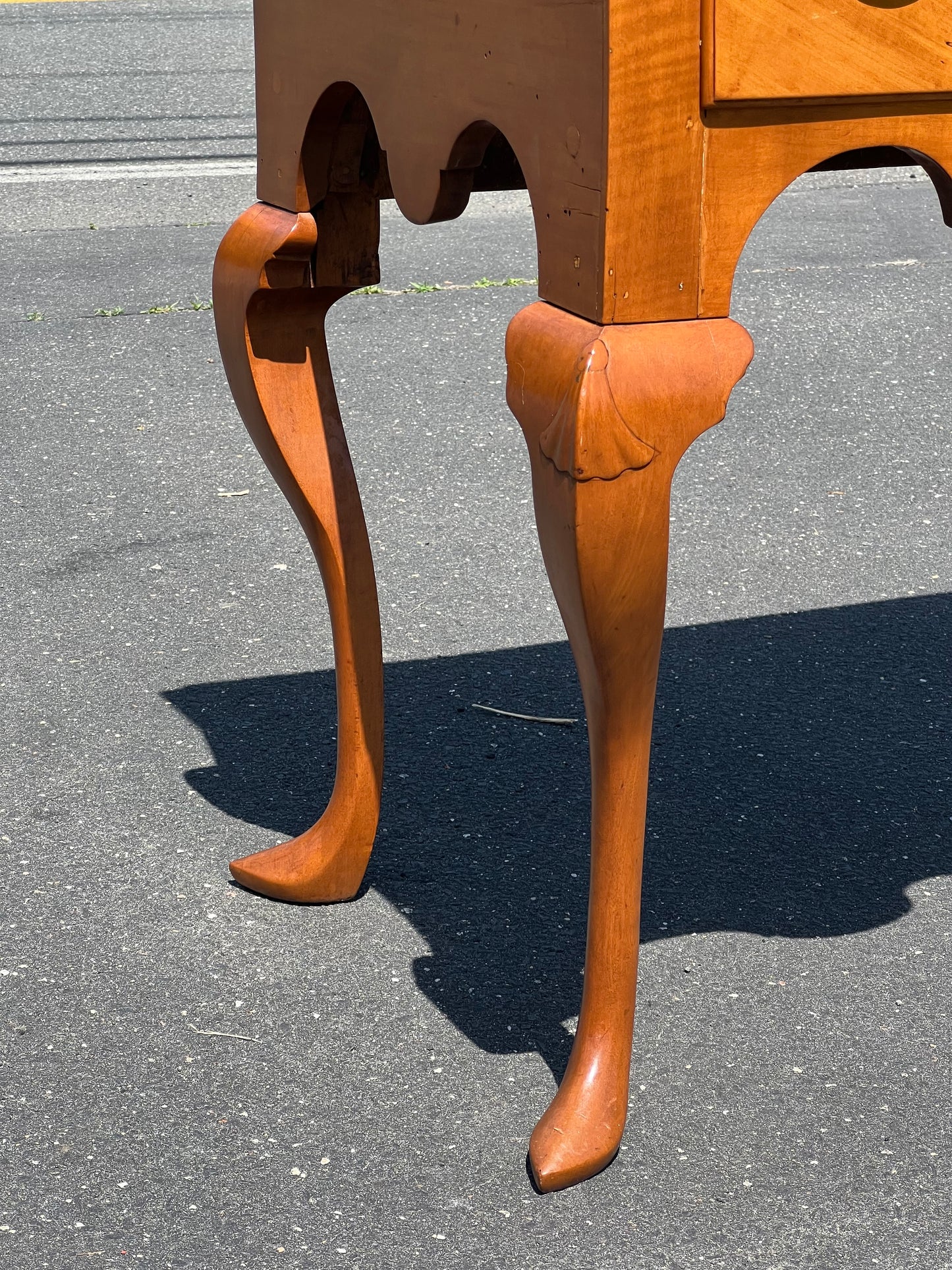 Antique 18th Century Newport Curly Maple Lowboy with Spade Feet