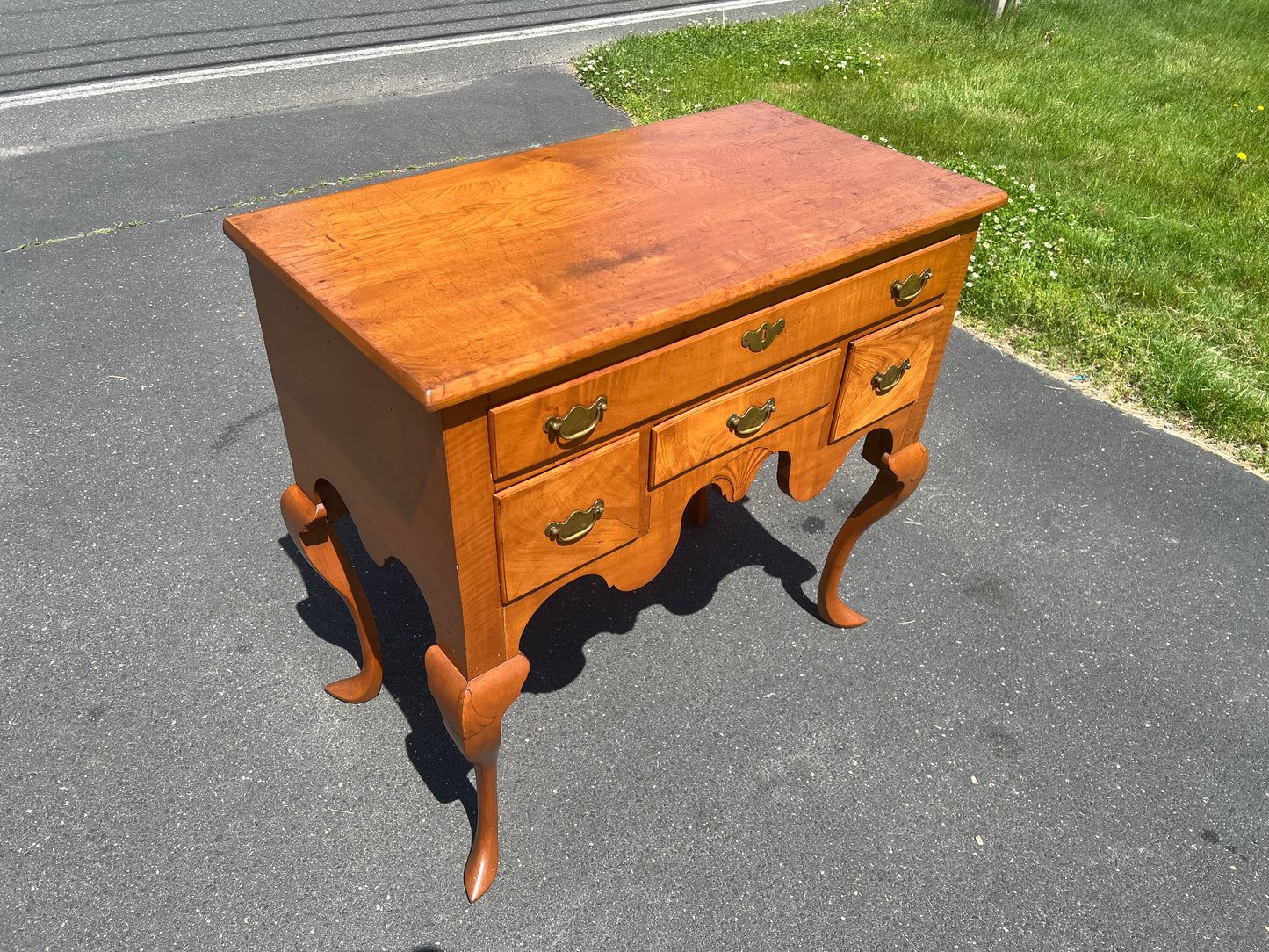 Antique 18th Century Newport Curly Maple Lowboy with Spade Feet