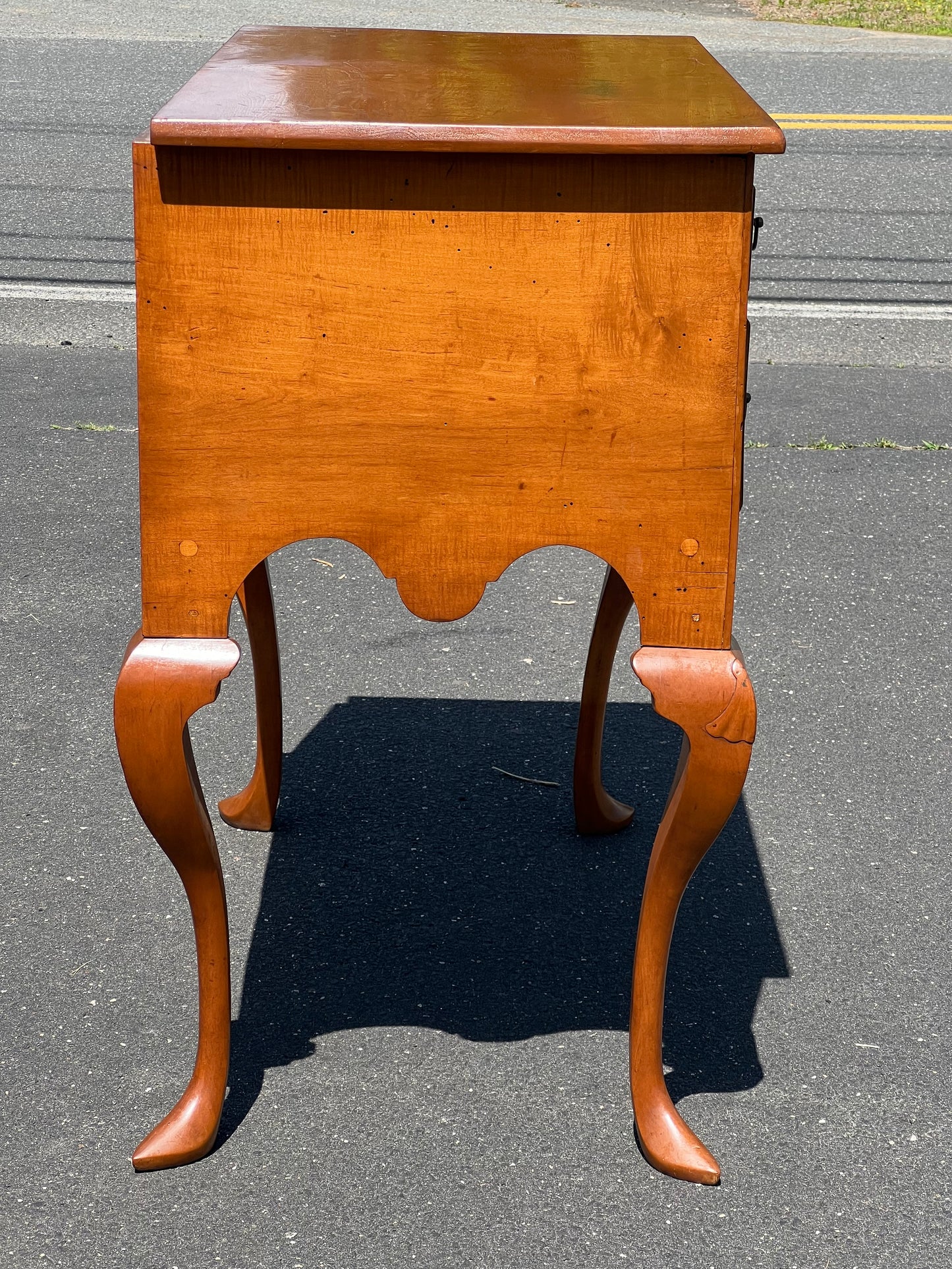 Antique 18th Century Newport Curly Maple Lowboy with Spade Feet