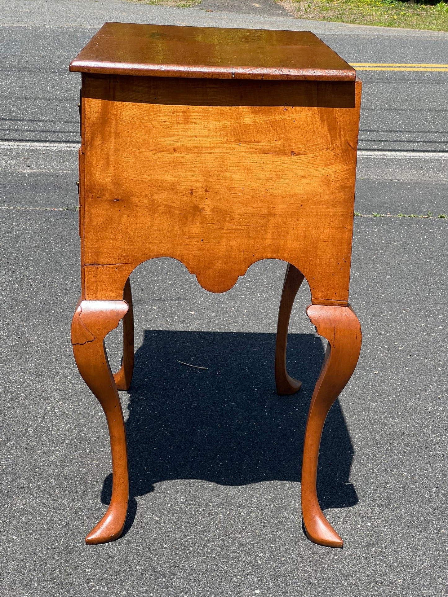 Antique 18th Century Newport Curly Maple Lowboy with Spade Feet