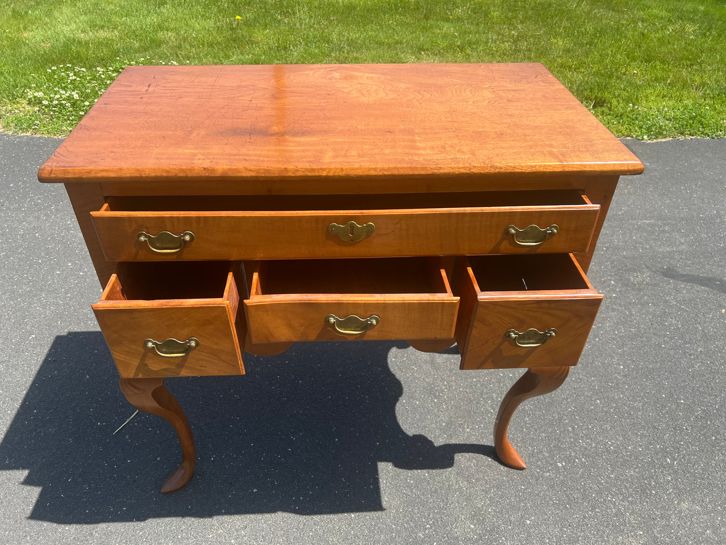 Antique 18th Century Newport Curly Maple Lowboy with Spade Feet