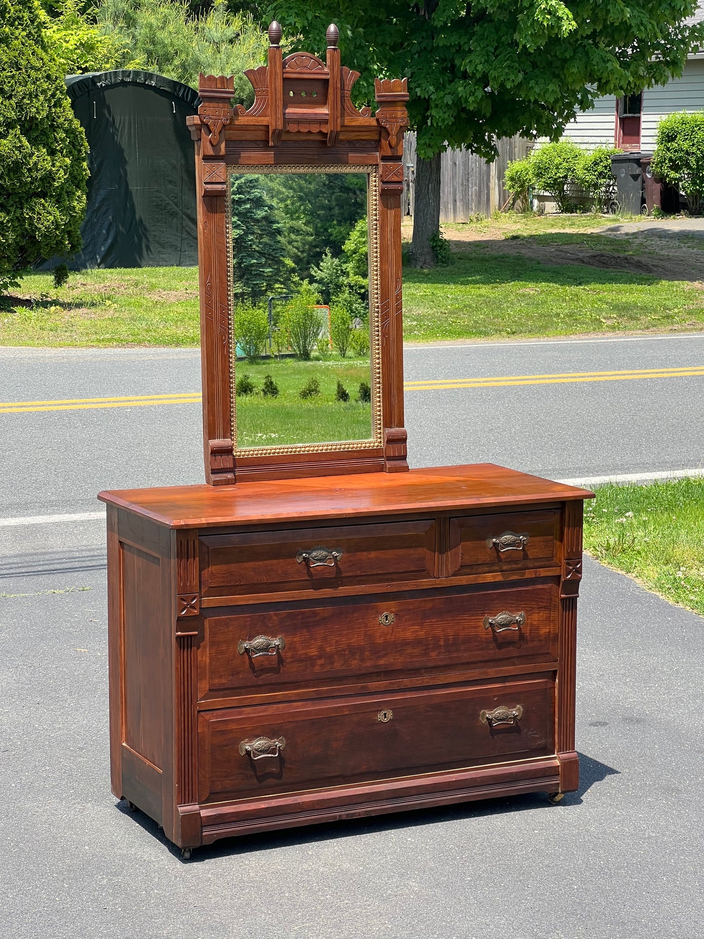 Antique Eastlake Victorian Two over Two Dresser with Mirror