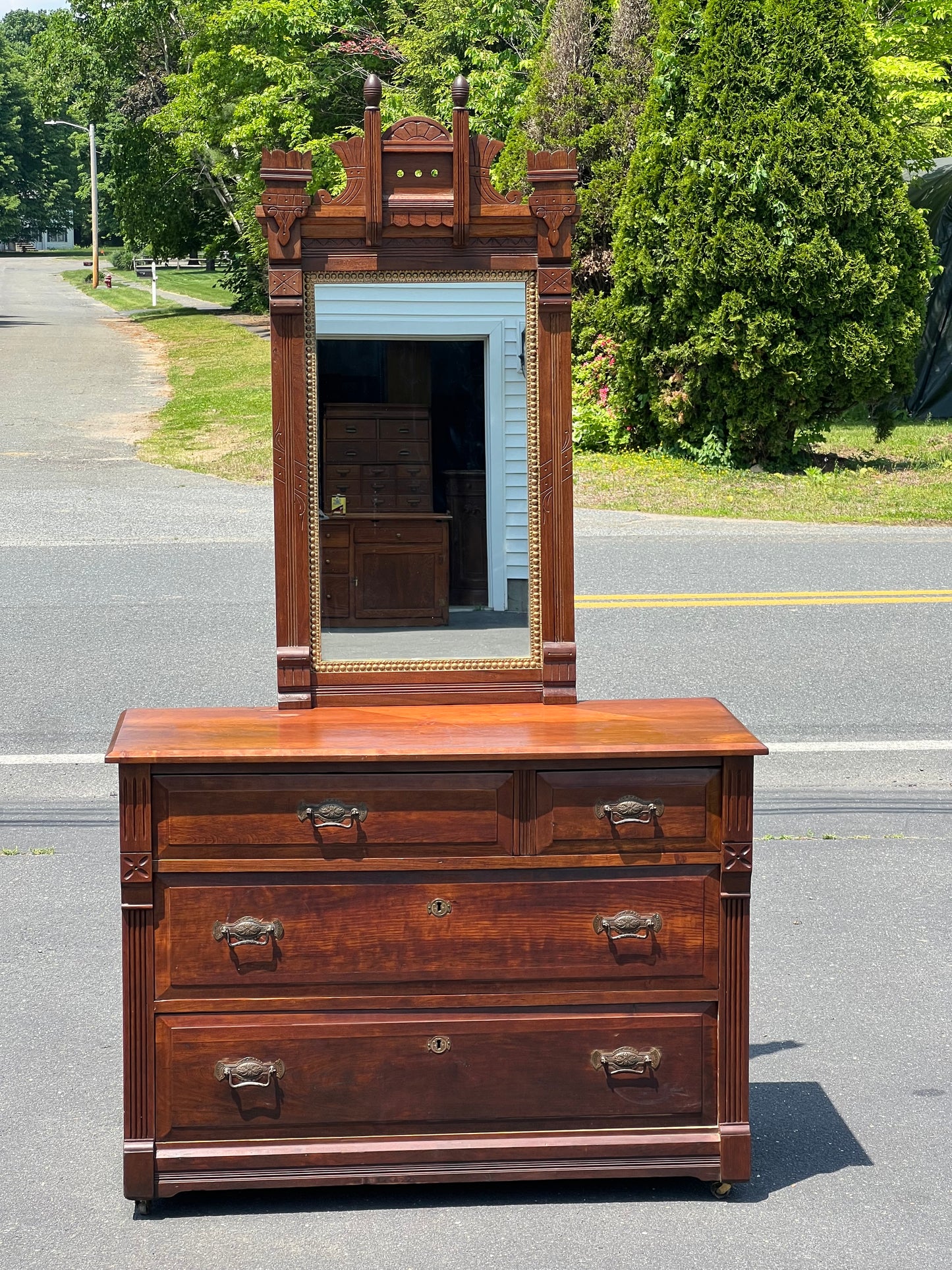 Antique Eastlake Victorian Two over Two Dresser with Mirror